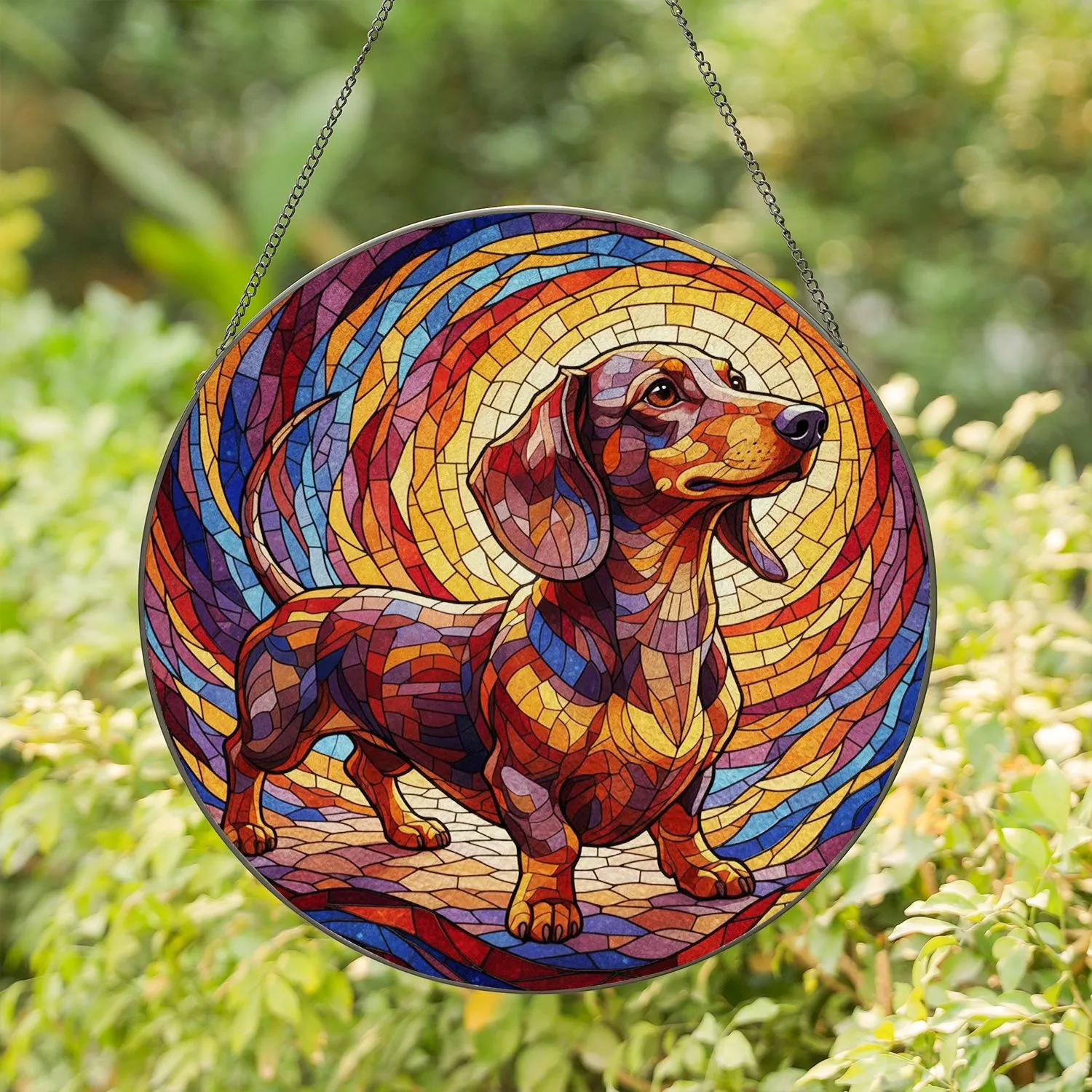 Mosaic Dachshund Dog Swirling Patterns Geometric Shapes Home Decor Gift for Dog Lover Stained Glass Suncatcher - 1