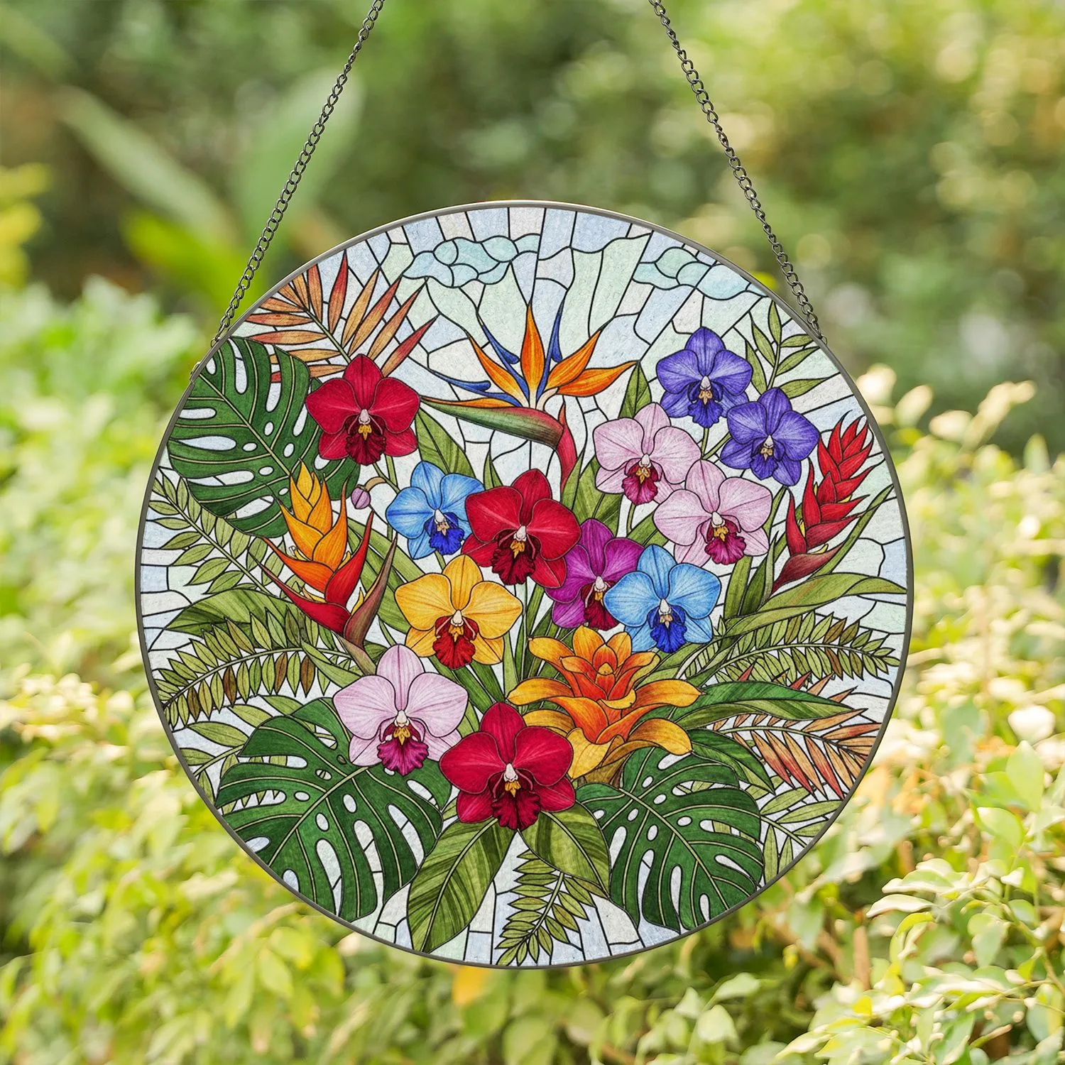 Tropical Flowers Bird of Paradise Orchids Bromeliad Monstera - Home Decor Gift for Plant Lovers Stained Glass Suncatcher - 1