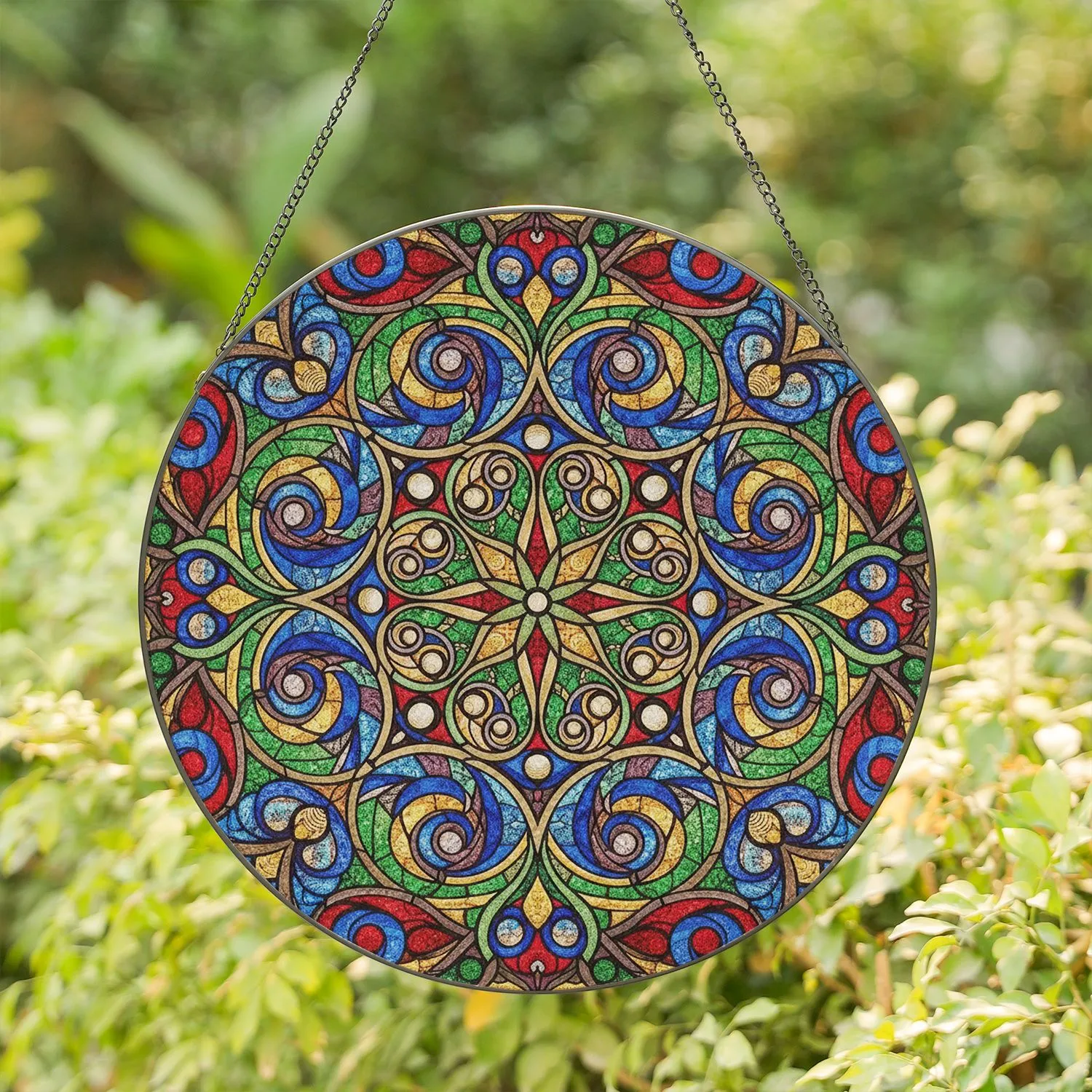 Celtic Knotwork Spirals Swirling Tendrils Circular Teardrop Glass Mosaic - Home Decor Gift Stained Glass Suncatcher - 1
