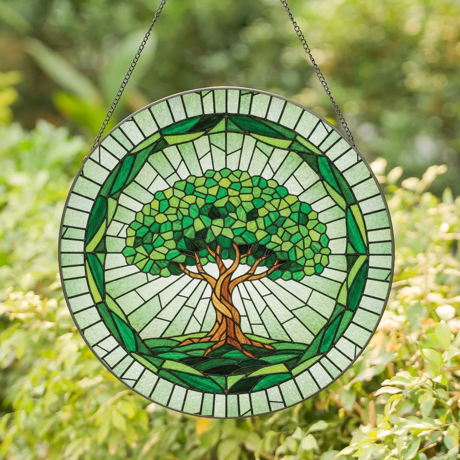 Lush Green Tree Gnarled Trunk Mosaic Geometric Lines - Home Decor Gift for Gardeners Stained Glass Suncatcher - 1