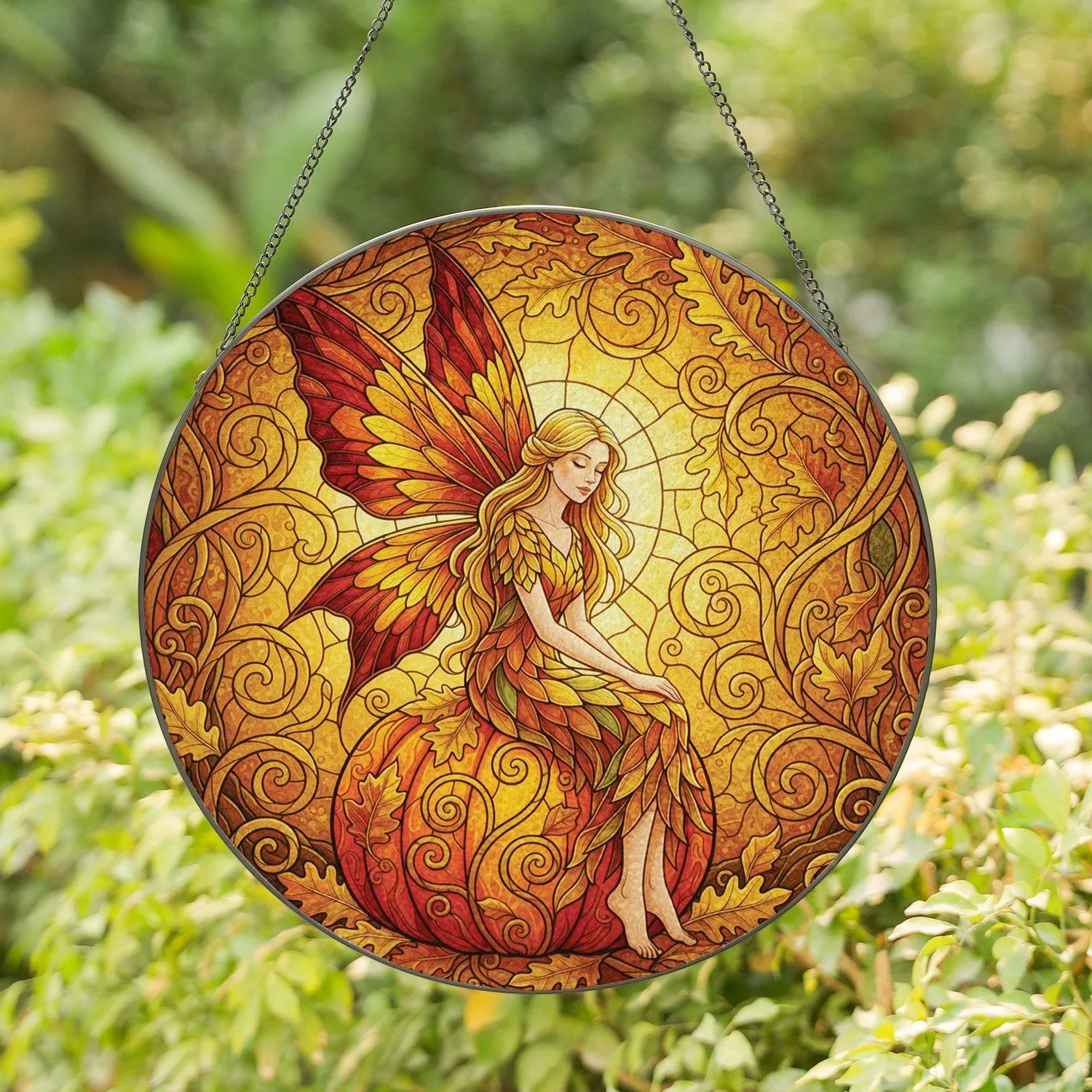 Blonde Fairy Pumpkin Oak Leaves Woodland - Autumn Home Decor Gift Stained Glass Suncatcher - 1