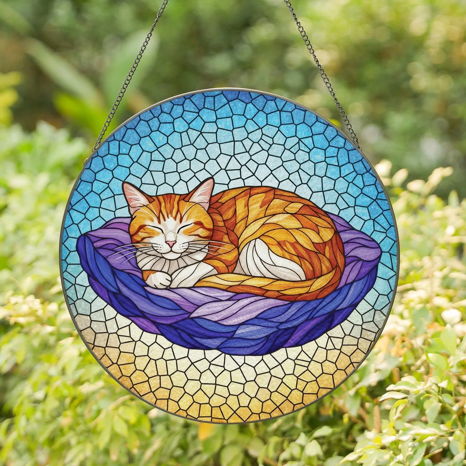 Orange White Tabby Cat Curled Sleeping Textured Surface - Home Decor Gift for Cat Lover Stained Glass Suncatcher - 1