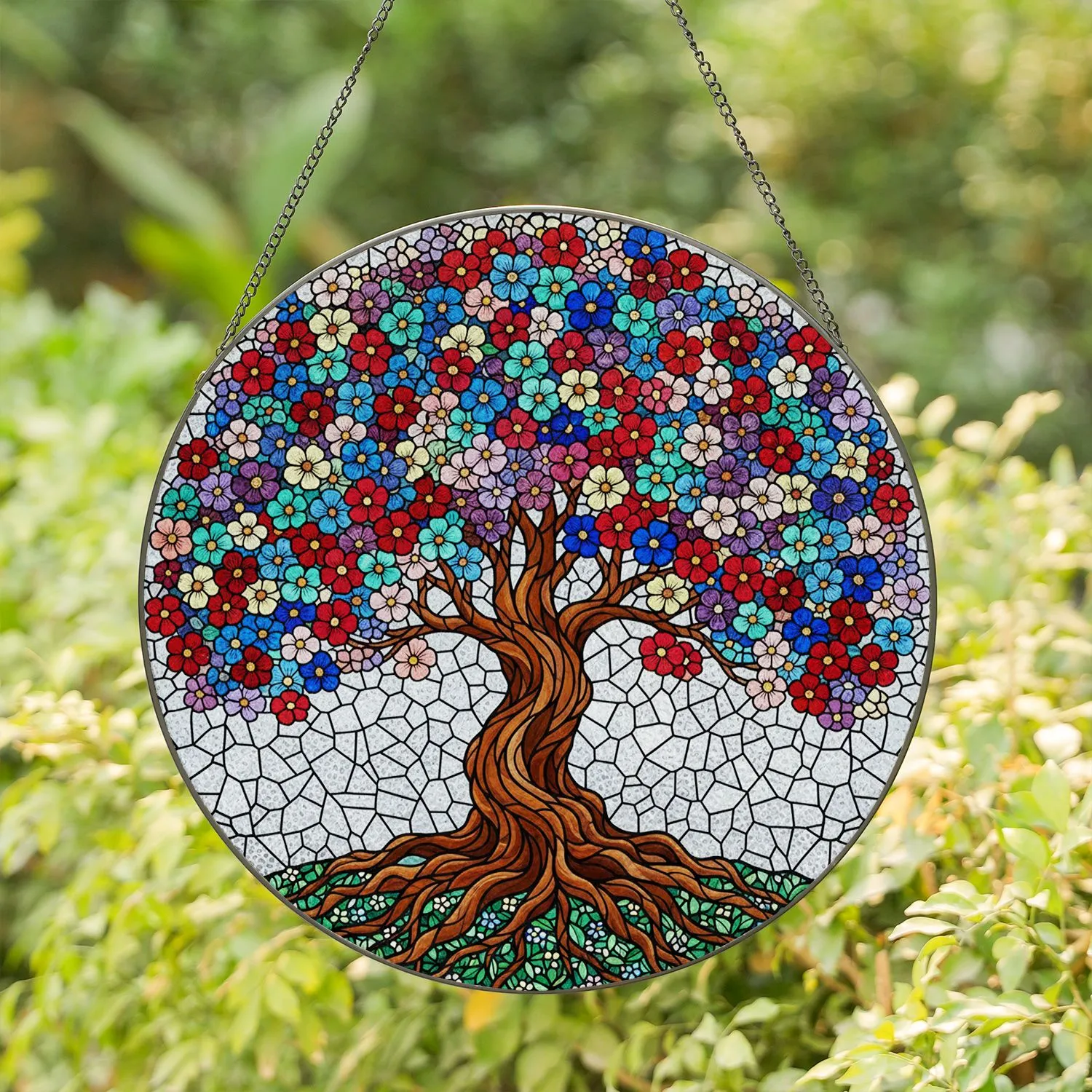 Tree of Life Abundant Flowers Petals Stamens Gnarled Trunk Green Leaves - Home Decor Gift Stained Glass Suncatcher - 1