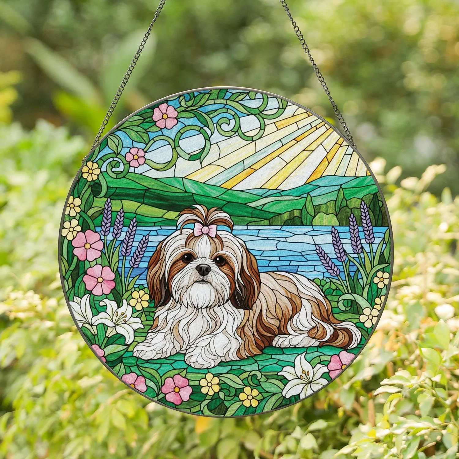 Shih Tzu Dog Floral Stained Glass Landscape - Home Decor Gift for Dog Lover Stained Glass Suncatcher - 1