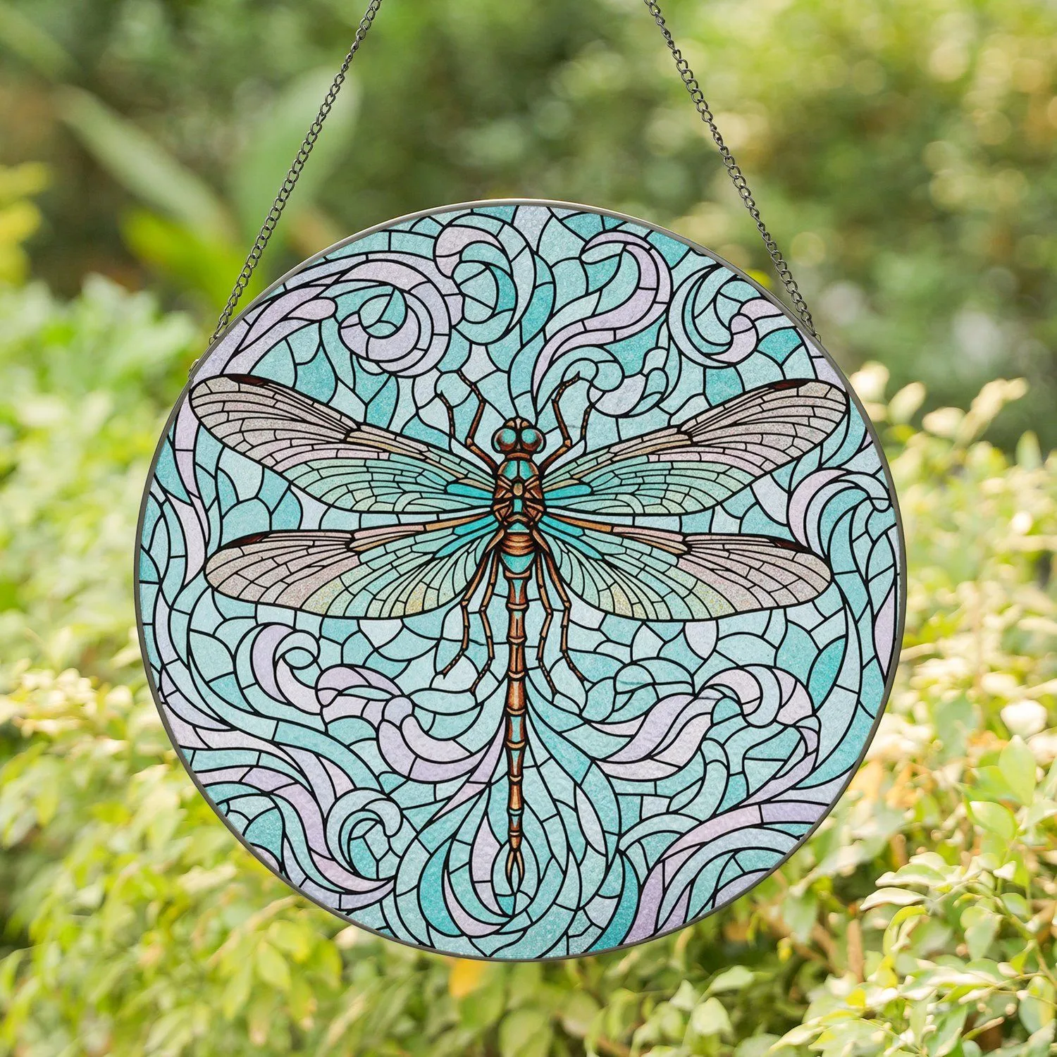 Stained Glass Dragonfly Large Wings Segmented Body Foliage Ripples - Home Decor Gift Stained Glass Suncatcher - 1