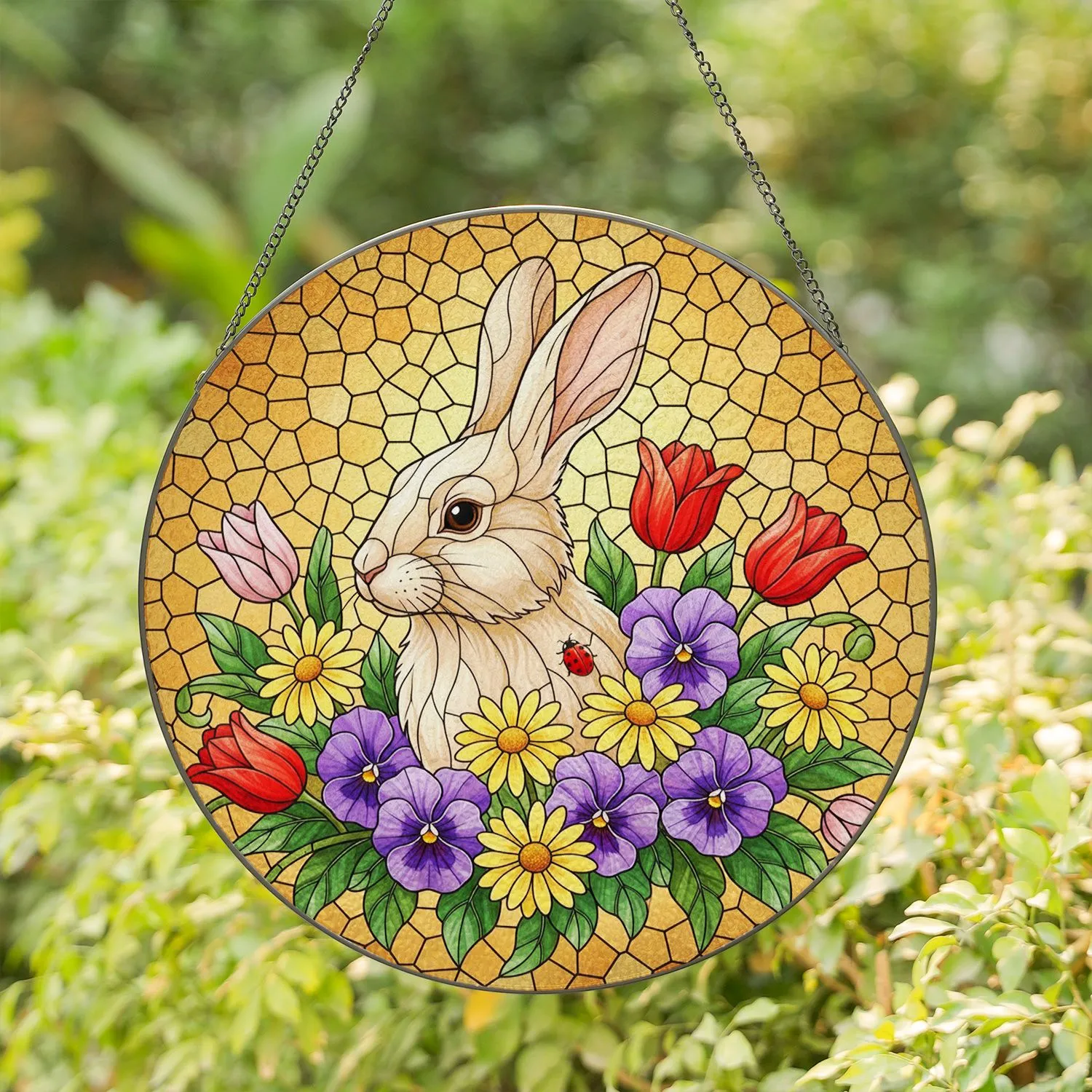 Cream Rabbit Floral Garden Ladybug Pansy Daisy Tulip - Home Decor Gift Nature Lover Stained Glass Suncatcher - 1