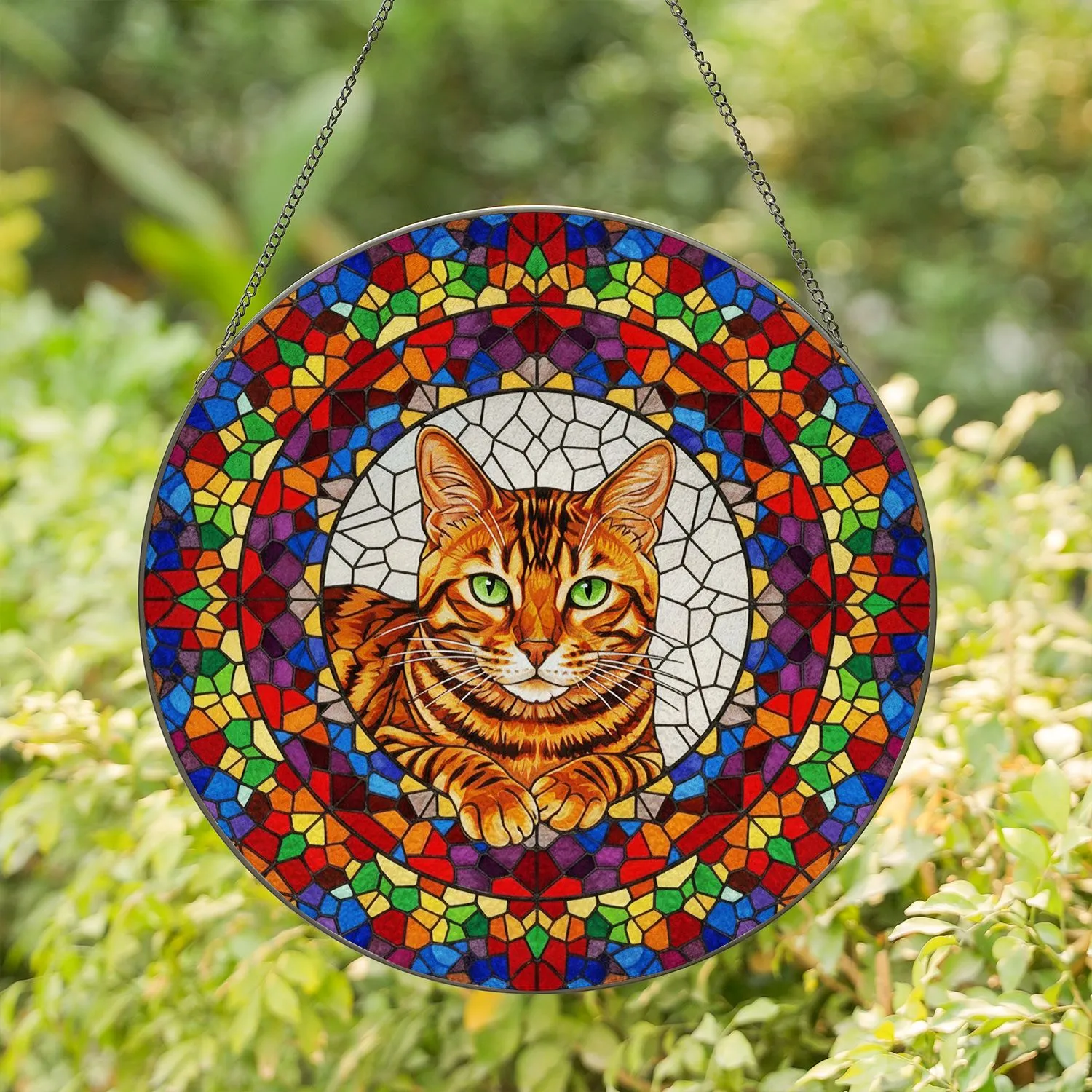 Bengal Tabby Cat Resting Pose Circular Mosaic Home Decor Gift for Cat Lovers Stained Glass Suncatcher - 1