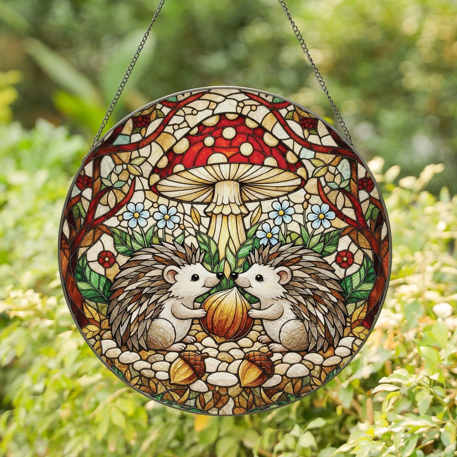 Two Hedgehogs Mushroom Acorn Wildflower - Everyday Home Decor Gift for Wildlife Lovers Stained Glass Suncatcher - 1
