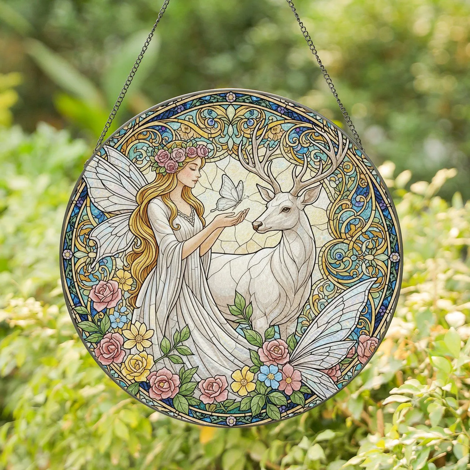 Fairy Woman White Deer Butterfly Floral Stained Glass Mosaic - Home Decor Gift Stained Glass Suncatcher - 1