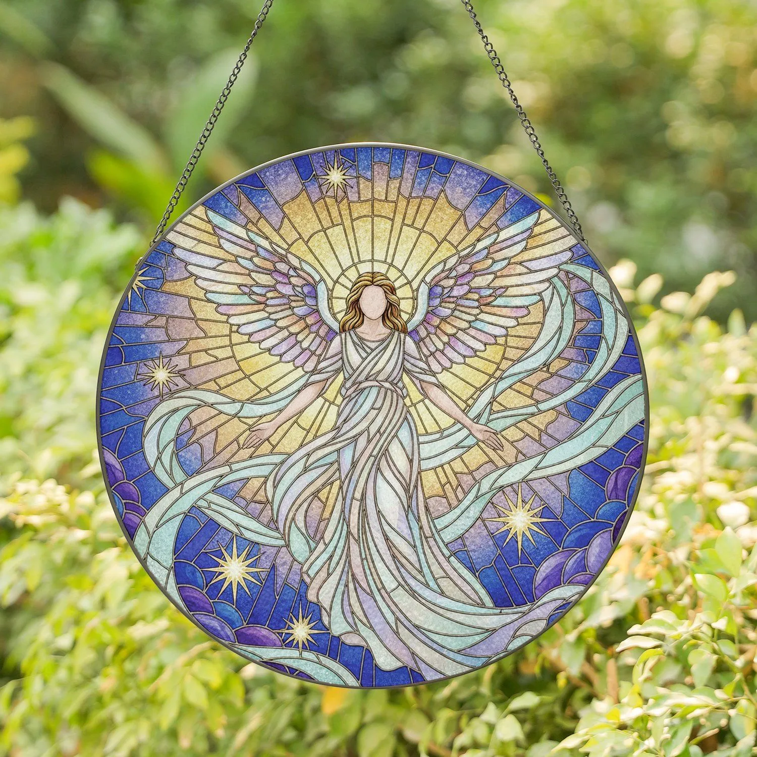Angel Layered Wings Iridescent Luminous Swirls Starbursts - Home Decor Gift Stained Glass Suncatcher - 1