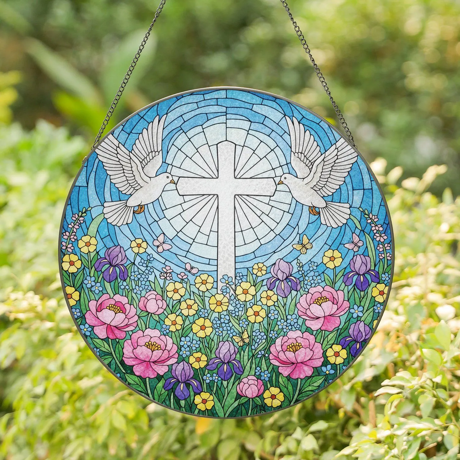 Radiant White Cross Doves Butterfly Wildflower Meadow Mosaic Sky Faith Home Decor Gift Stained Glass Suncatcher - 1