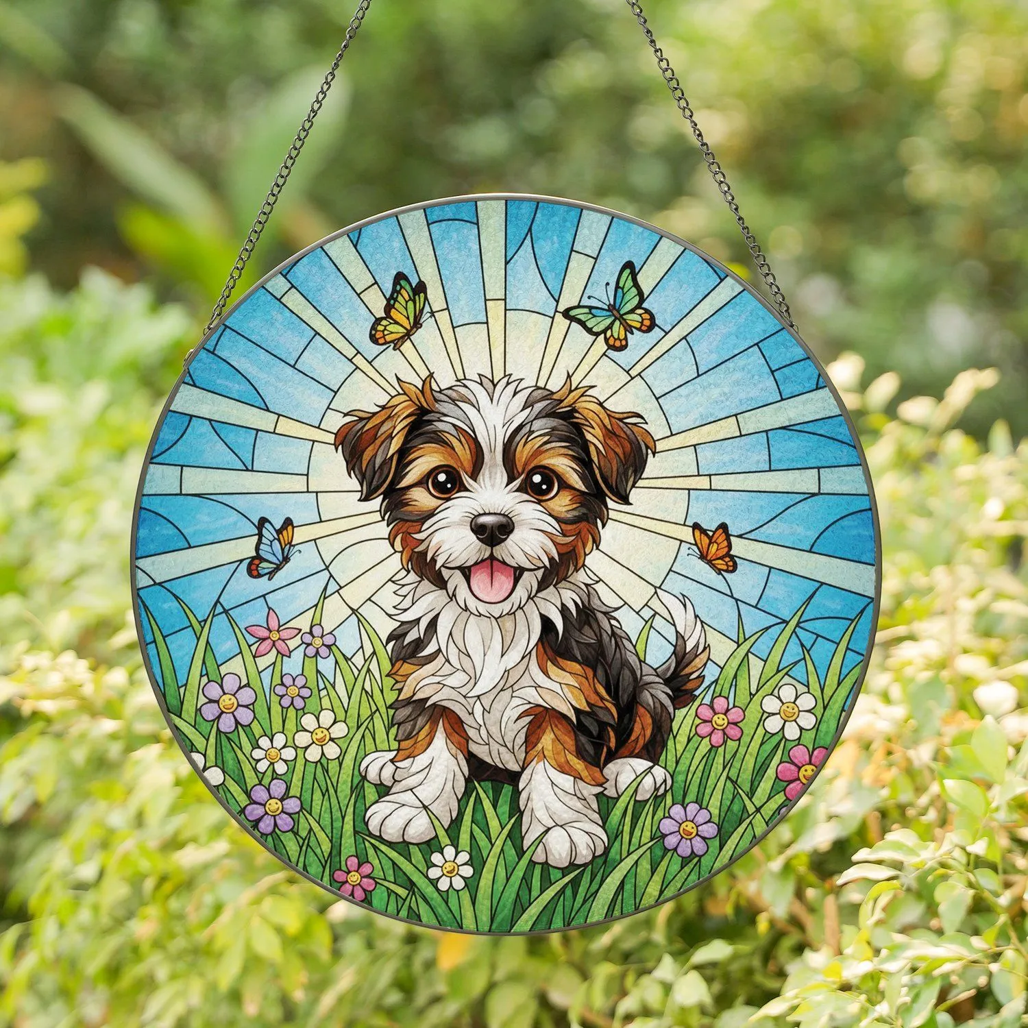 Happy Puppy Butterfly Flowers Stained Glass - Home Decor Gift for Pet Lover Stained Glass Suncatcher - 1