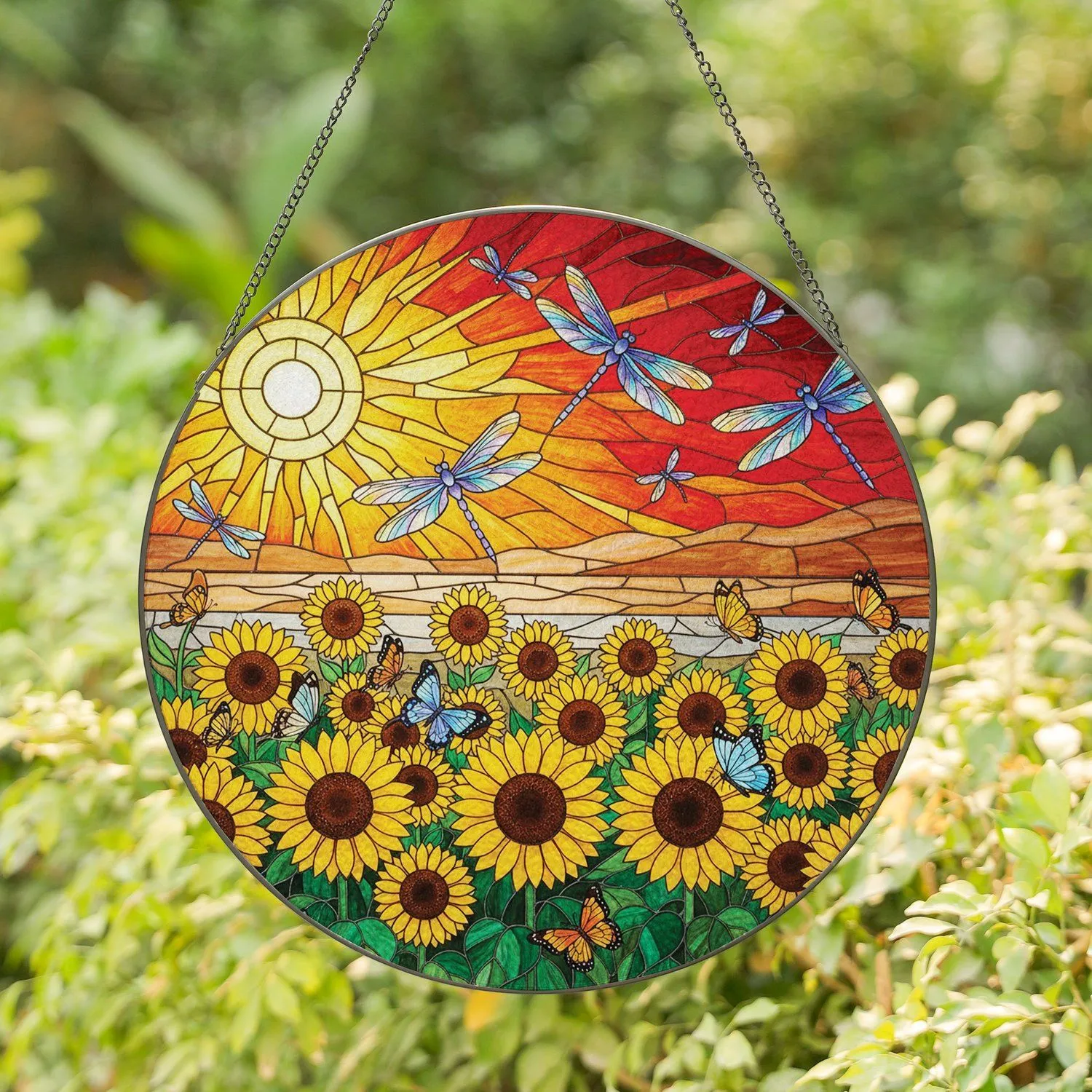 Luminous Sun Dragonflies Sunflowers Butterflies - Home Decor Gift for Nature Lover Stained Glass Suncatcher - 1