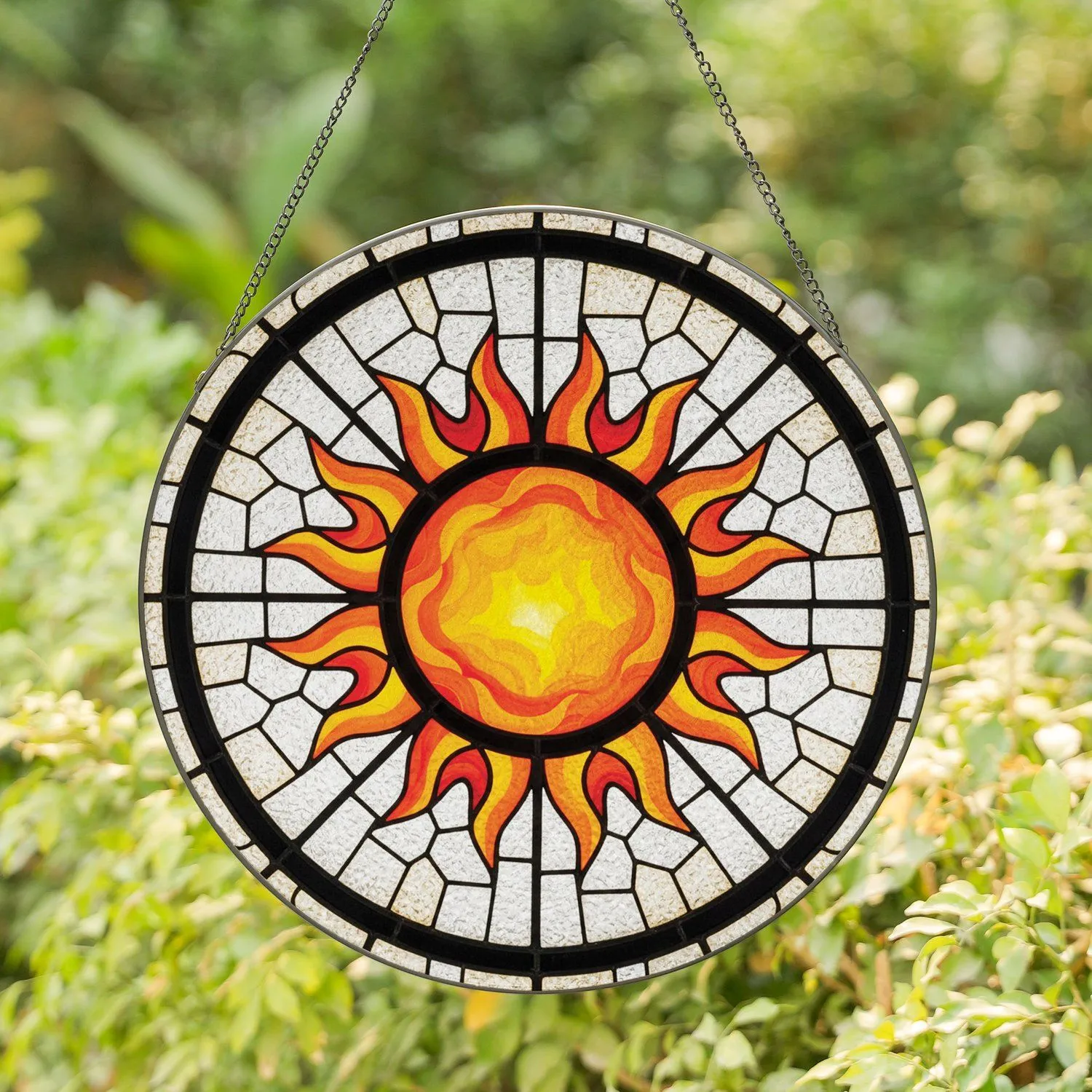 Luminous Sun Flame Rays Wagon Wheel Frame Translucent Glass Mosaic - Everyday Home Decor Gift Stained Glass Suncatcher - 1