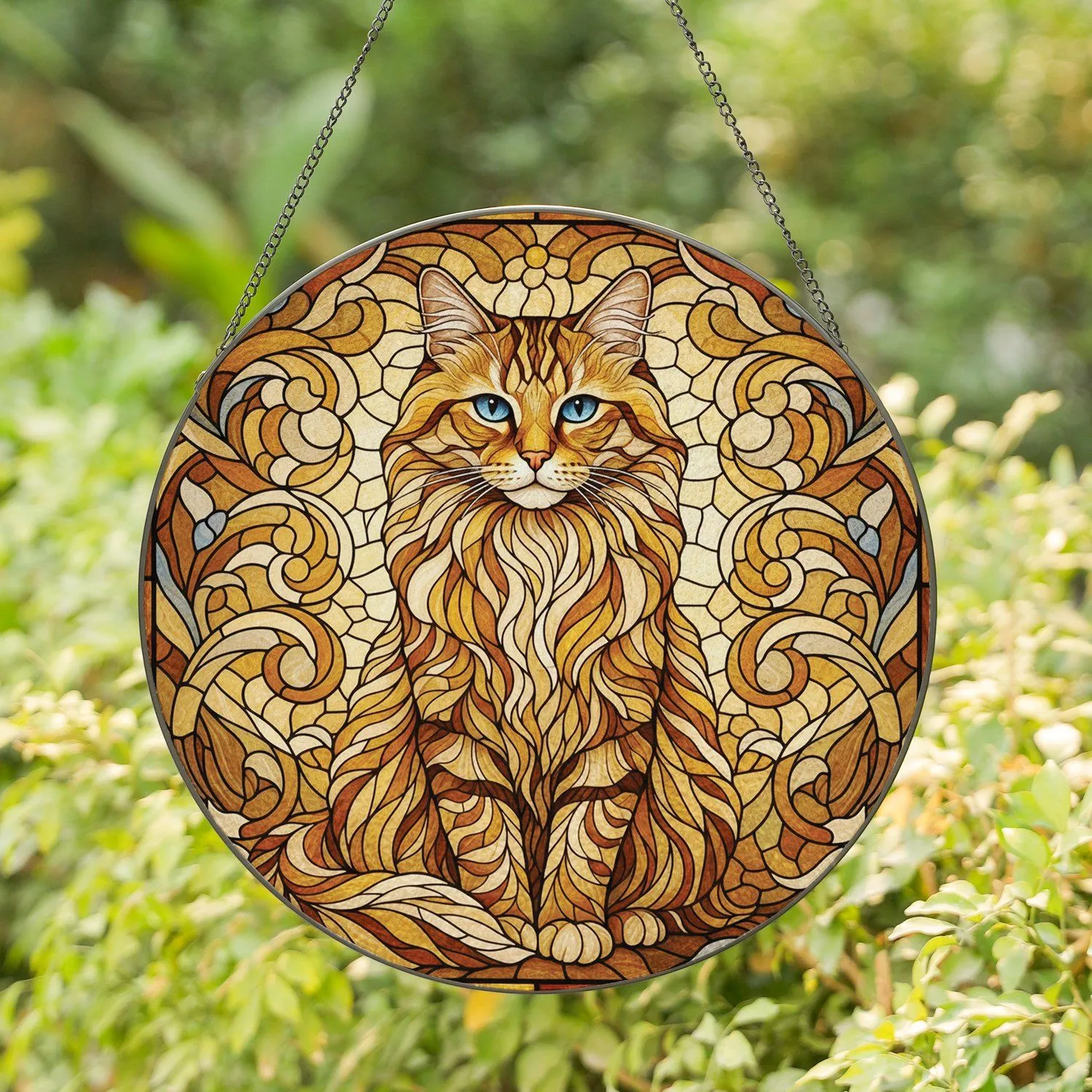Long-Haired Tabby Cat Organic Floral Swirls - Home Decor Cat Lover Gift Stained Glass Suncatcher - 1