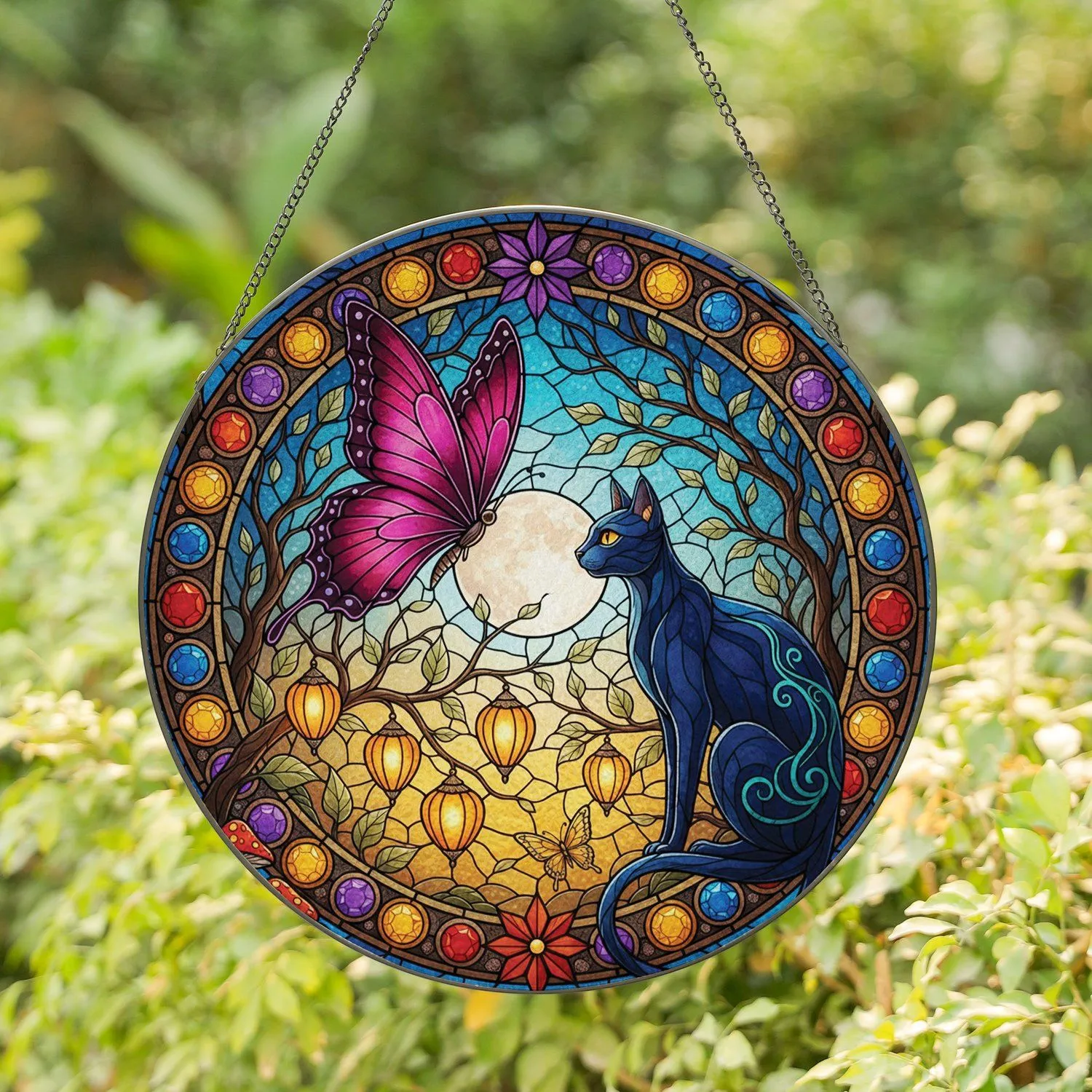 Butterfly Black Cat Tiffany Glass Full Moon - Home Decor Gift for Cat Lover Stained Glass Suncatcher - 1