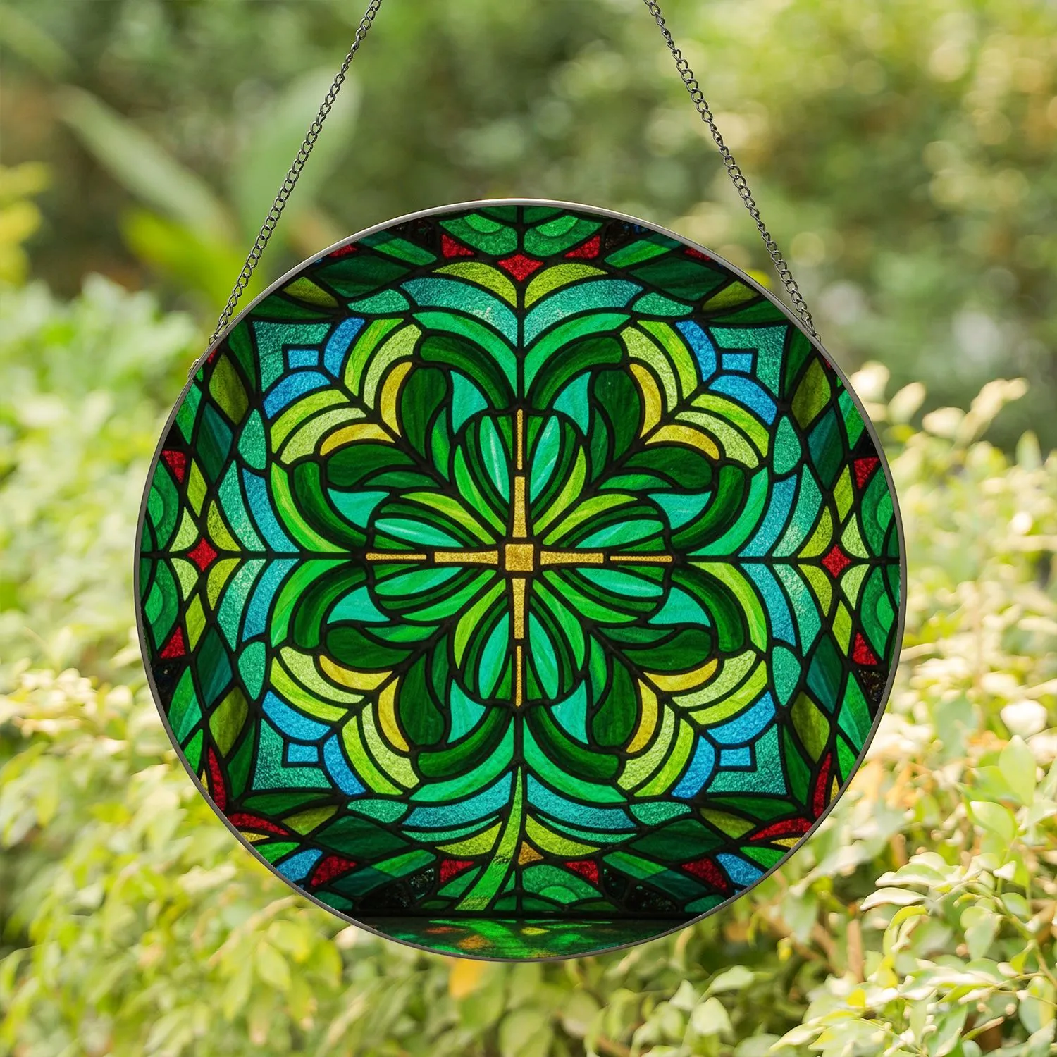 Tiffany Glass Four-Leaf Clover Heart Leaves Mosaic - Home Decor Gift for Good Luck Stained Glass Suncatcher - 1