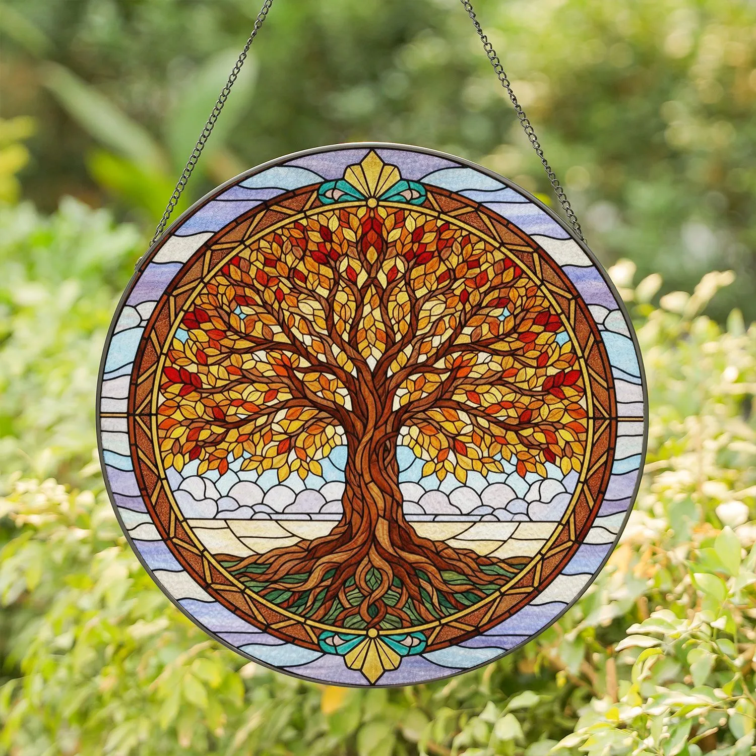 Tree of Life Circular Stained Glass Frame Amber Leaves Glowing Sky Home Decor Gift Stained Glass Suncatcher - 1
