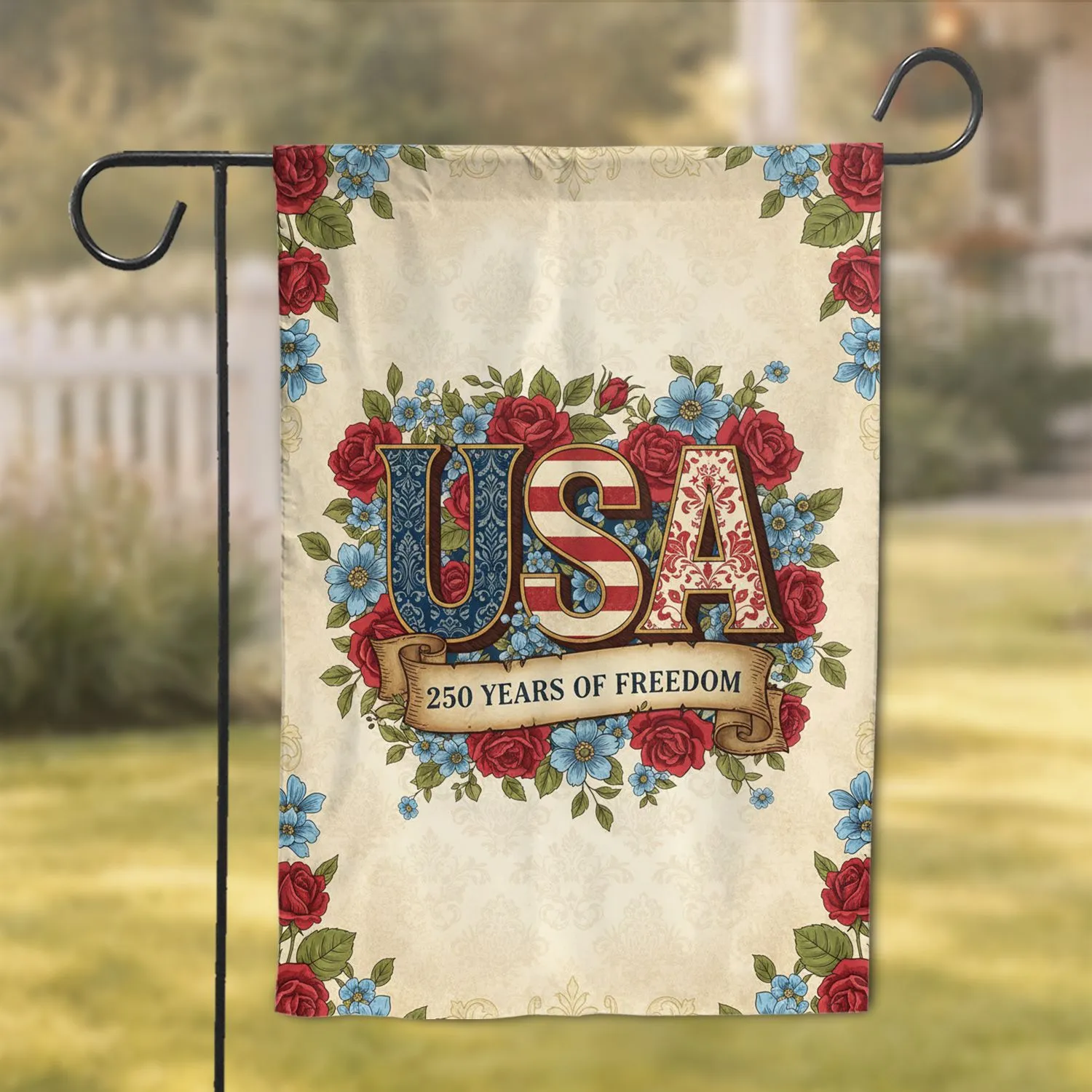 USA 250 Years of Freedom Floral Scroll - Independence Day Patriotic Gift Garden Flag - 1