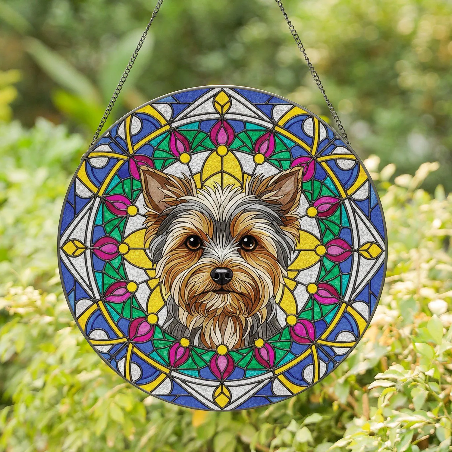 Yorkshire Terrier Dog Shaggy Fur Floral Buds Circular Border Rectangles Triangles - Home Decor Gift Stained Glass Suncatcher - 1