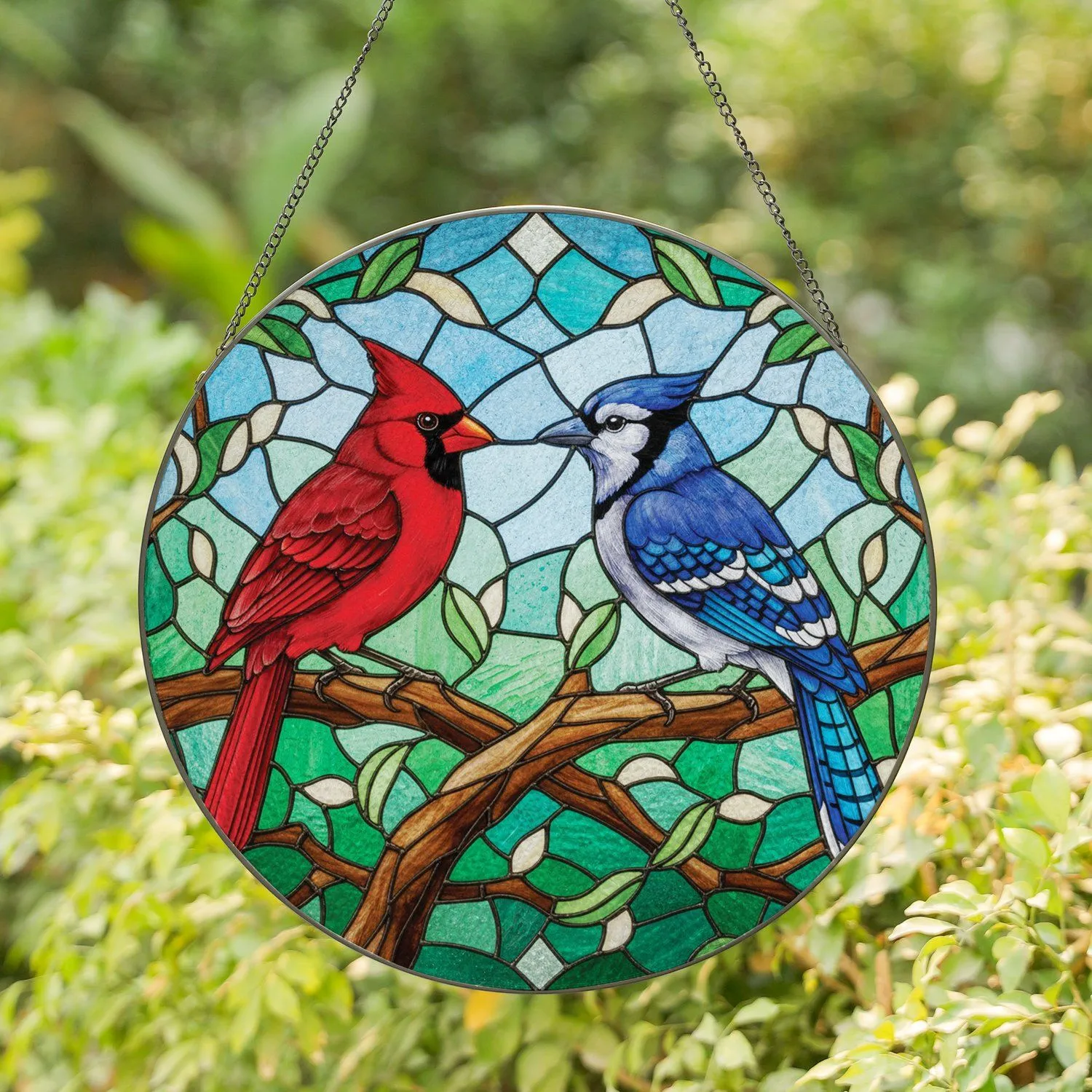 Cardinal Blue Jay Birds on Branch Outdoor Scene - Wildlife Lover Home Decor Gift Stained Glass Suncatcher - 1