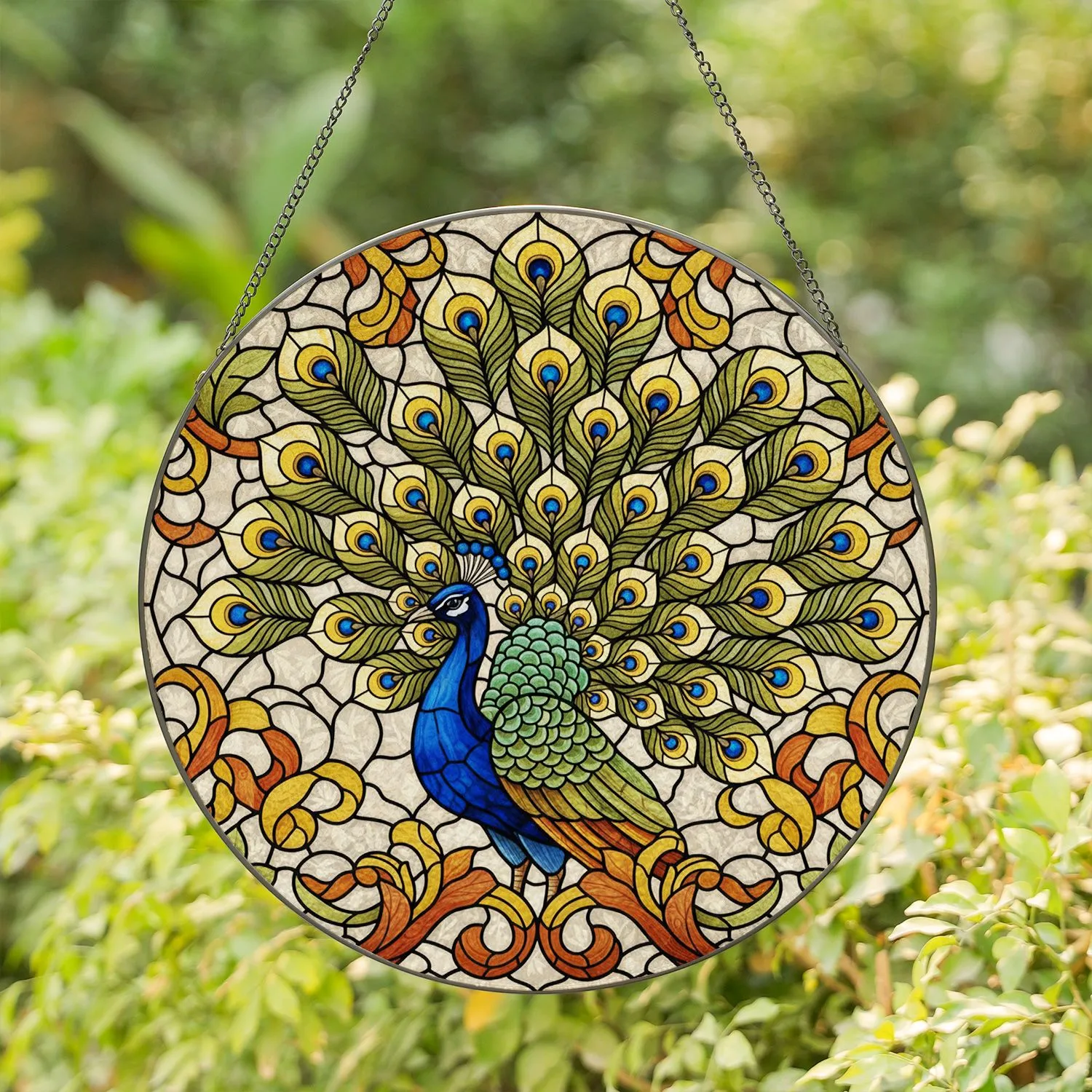 Peacock Fanned Tail Autumnal Foliage - Home Decor Gift for Bird Lover Stained Glass Suncatcher - 1