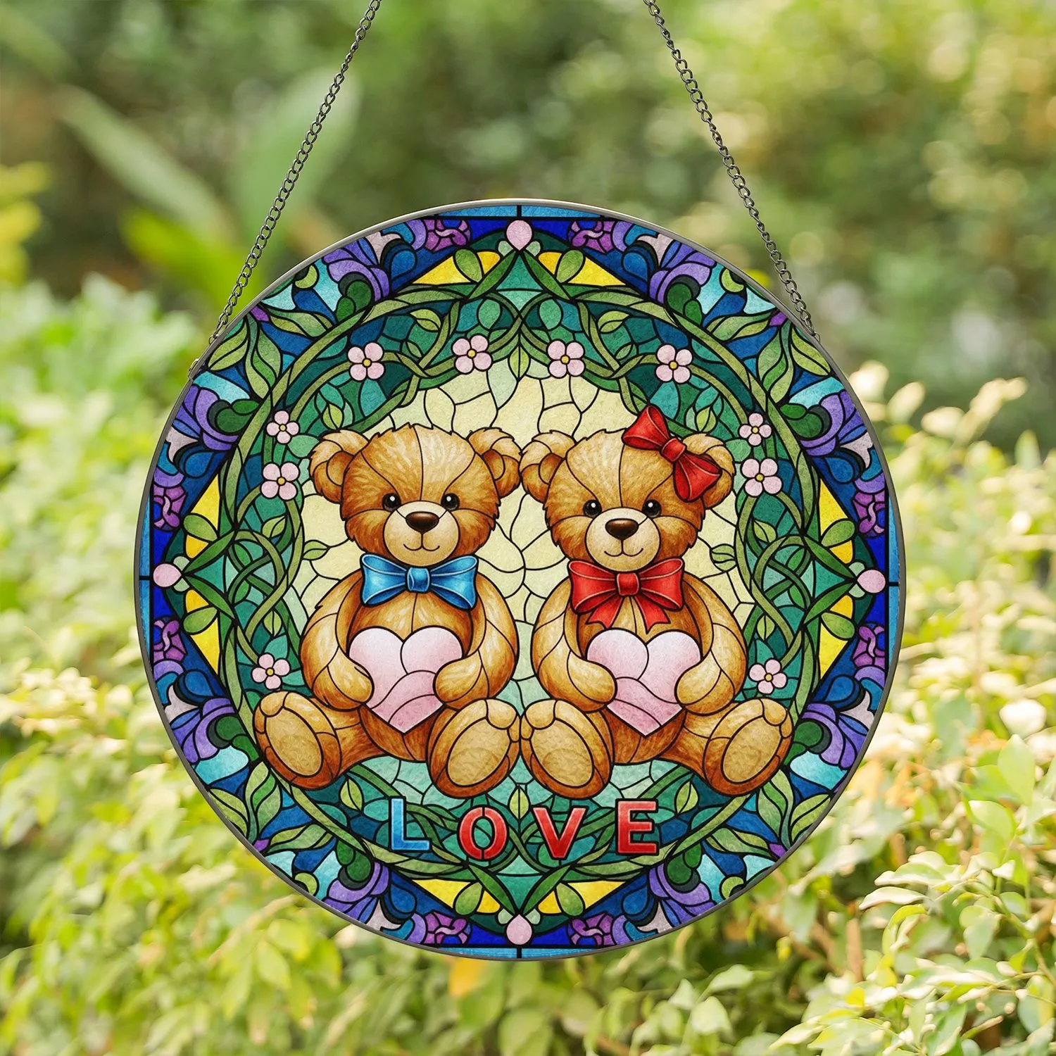 Two Teddy Bears Pink Heart LOVE for Couples - Home Decor Gift Stained Glass Suncatcher - 1