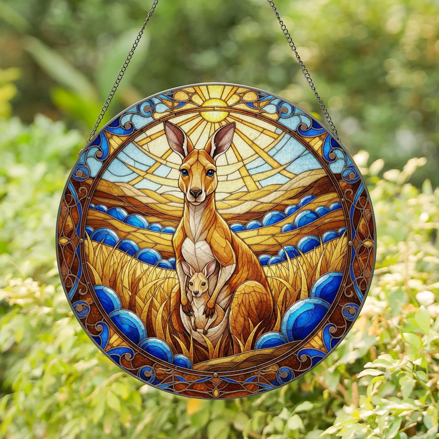 Mother Kangaroo Protective Joey Outback Golden Grass Blue Stone Wildlife Lover Gift Stained Glass Suncatcher - 1