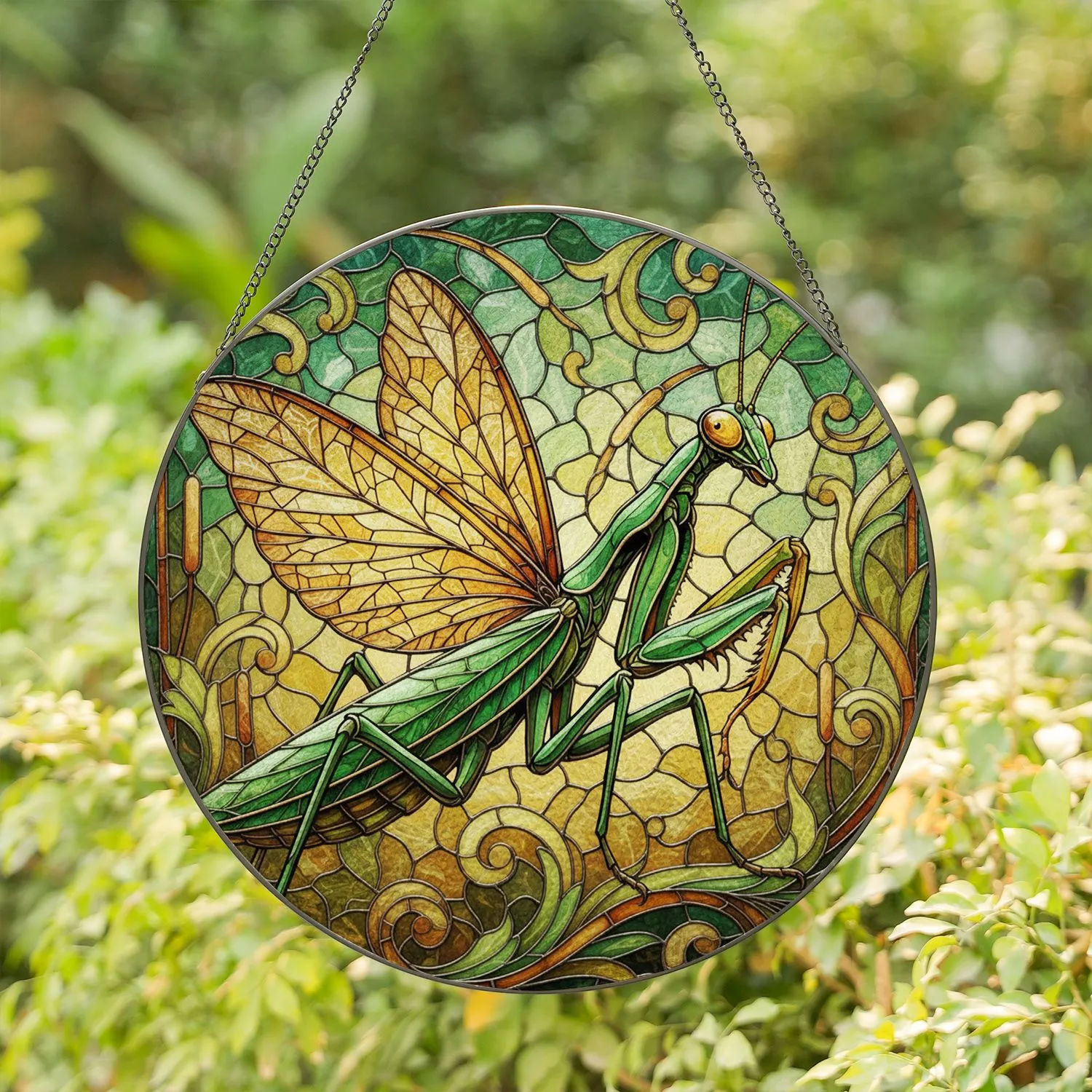 Praying Mantis Leaves Reeds Swirls - Wildlife Lover Home Decor Gift Stained Glass Suncatcher - 1