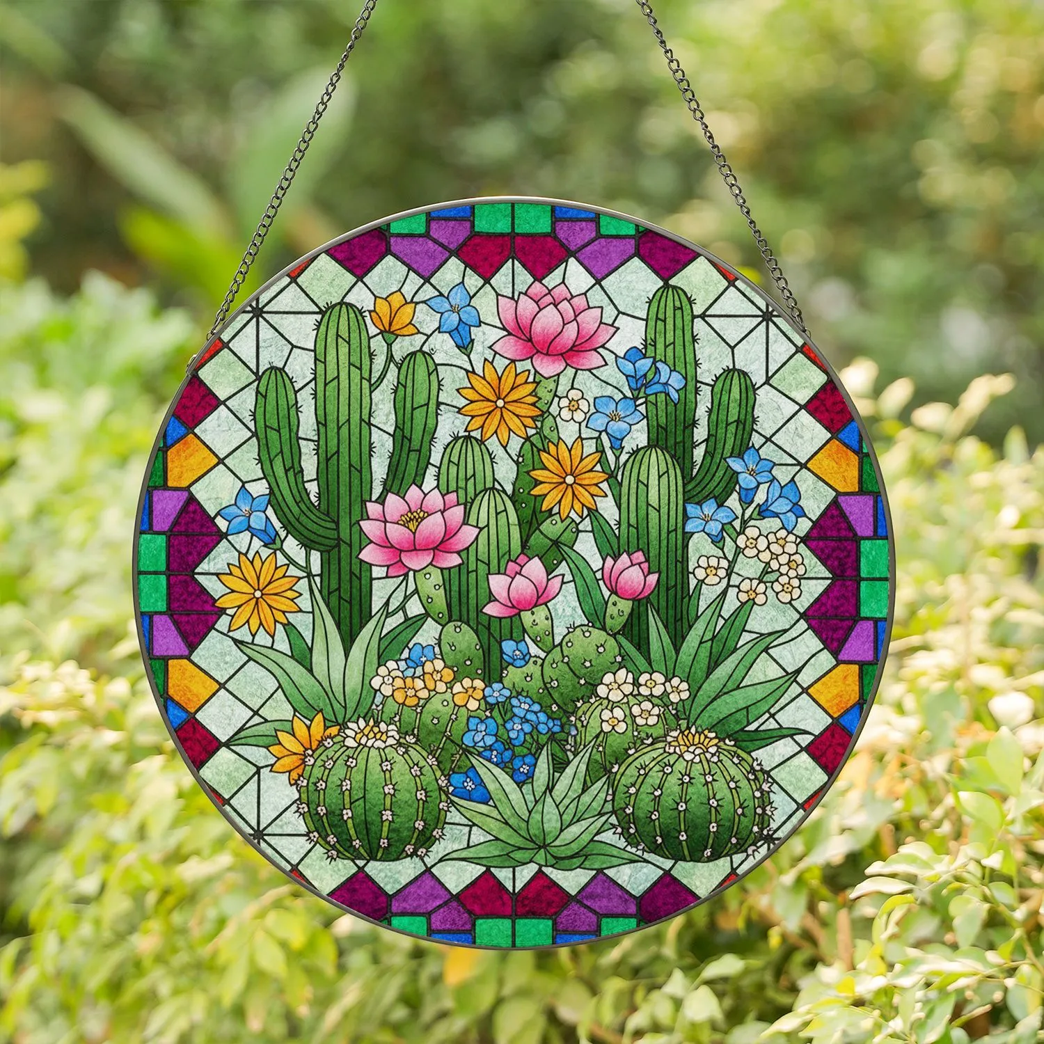 Cacti Cluster Lotus Starburst Desert Flowers Succulent - Home Decor Gift Stained Glass Suncatcher - 1