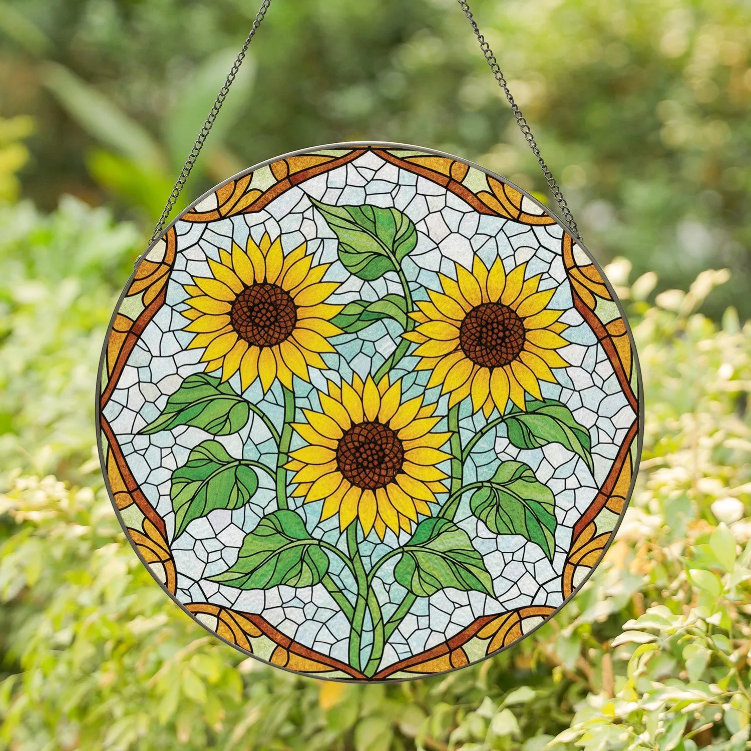 Sunflowers Brown Centers Green Leaves Intertwining Home Garden Decor for Flower Lover Stained Glass Suncatcher - 1