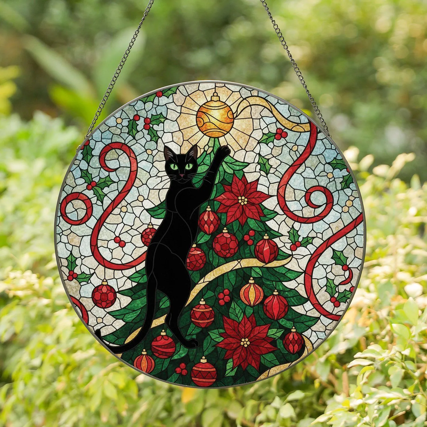 Black Cat Christmas Tree Poinsettia - Holiday Home Decor Gift for Cat Lover Stained Glass Suncatcher - 1