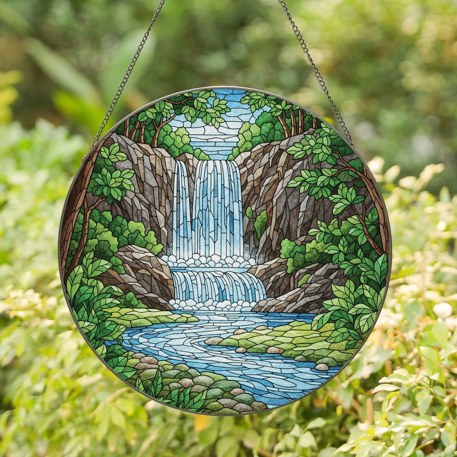 Multi-tiered Waterfall Rocky River Lush Foliage - Home Decor Gift for Nature Lover Stained Glass Suncatcher - 1