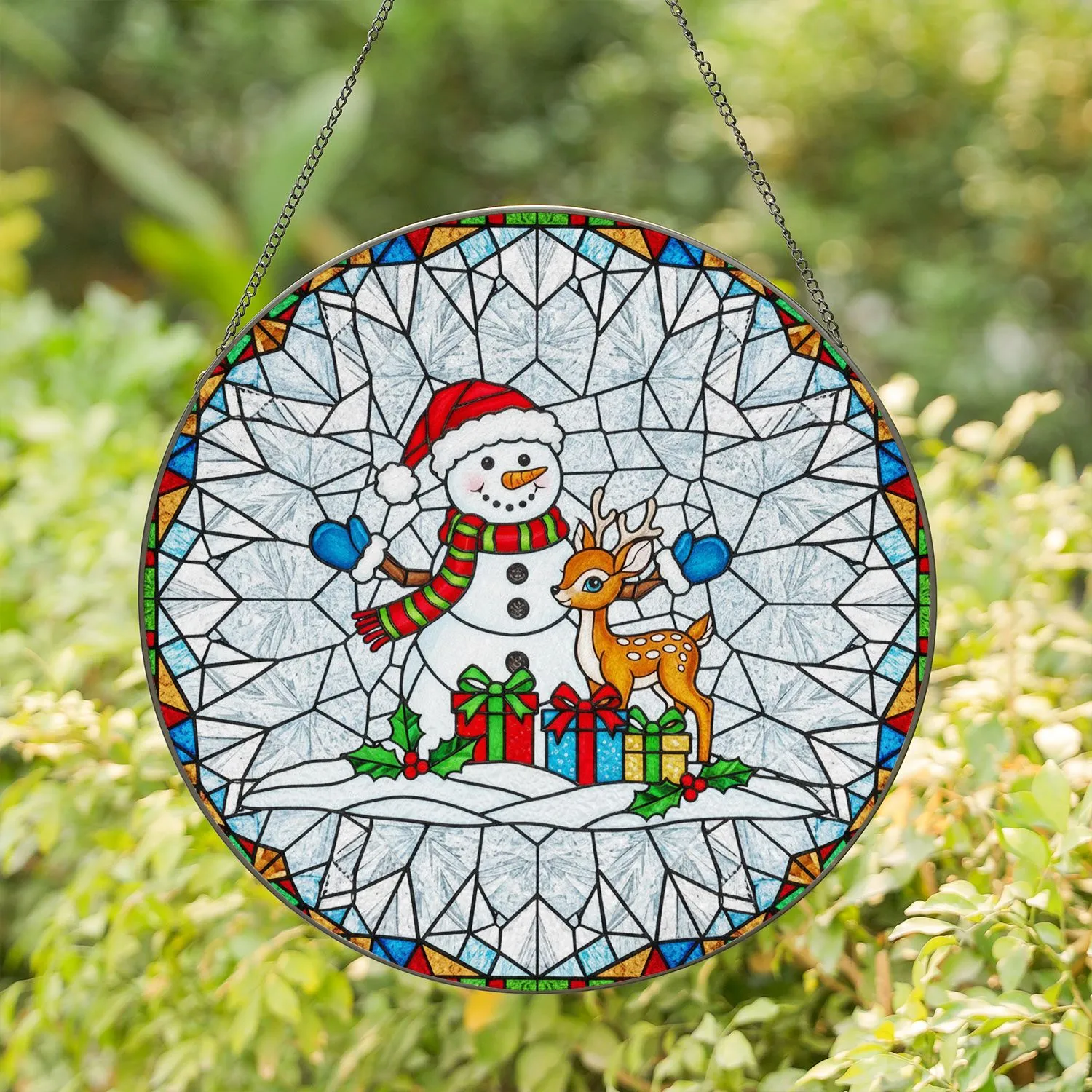 Snowman Fawn Presents Christmas Scene - Holiday Home Decor Gift Stained Glass Suncatcher - 1