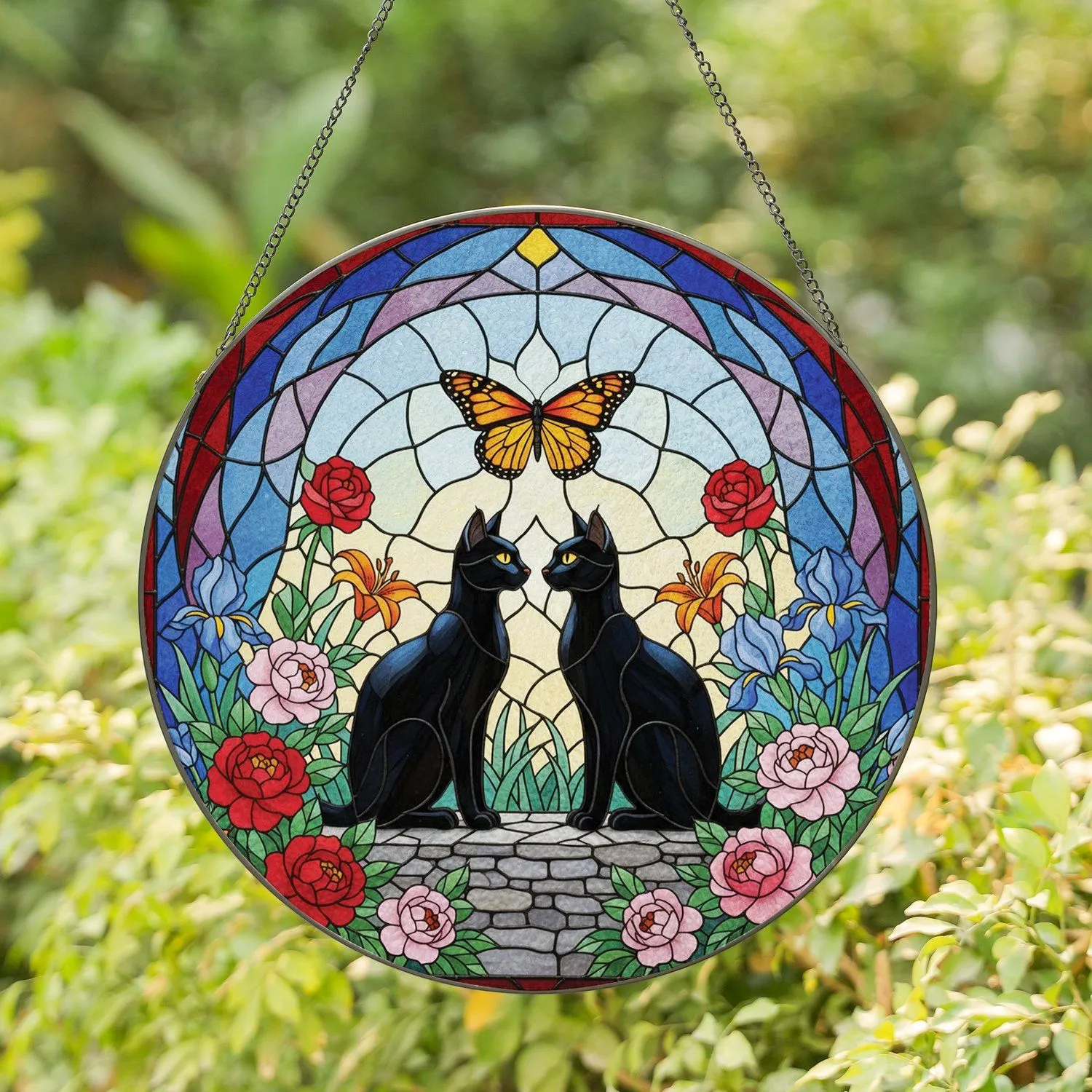 Black Cats Monarch Butterfly Floral Garden Home Decor Gift for Cat Lover Stained Glass Suncatcher - 1