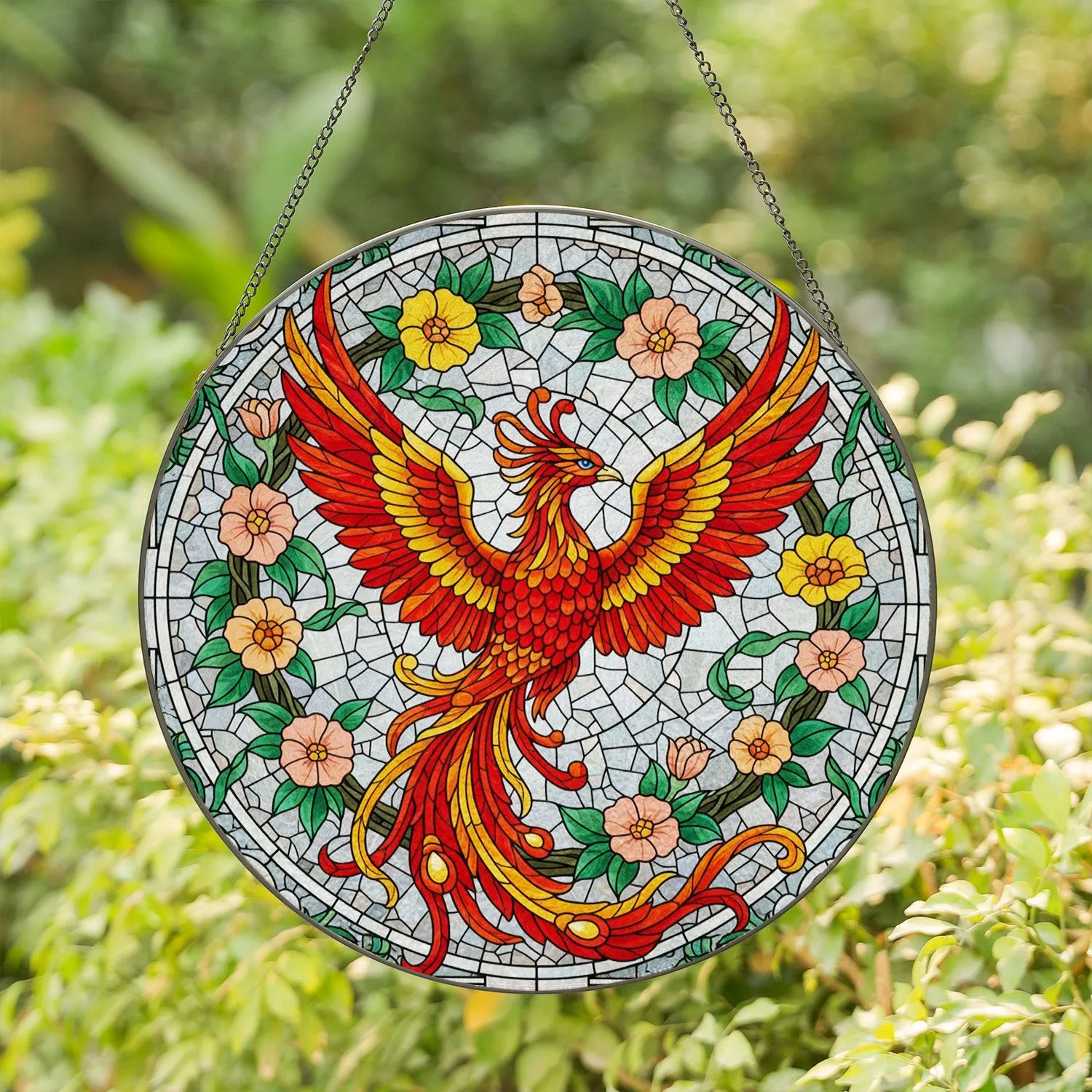 Fiery Phoenix Blooming Flowers Green Leaves Wreath Swirls Blue Eye - Home Decor Gift Stained Glass Suncatcher - 1