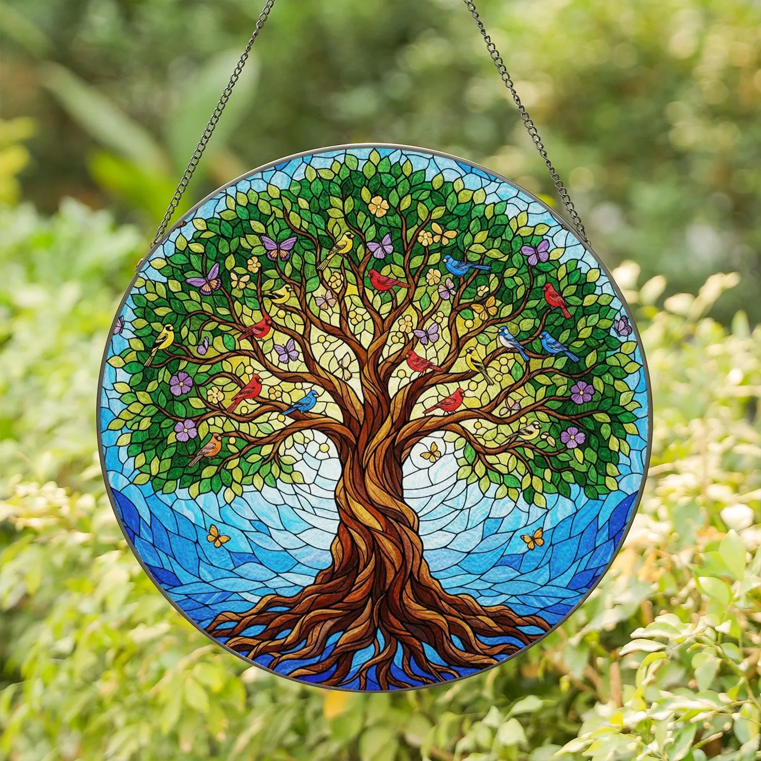 Gnarled Tree of Life Songbirds Butterflies Floral - Home Decor Gift for Nature Lover Stained Glass Suncatcher - 1
