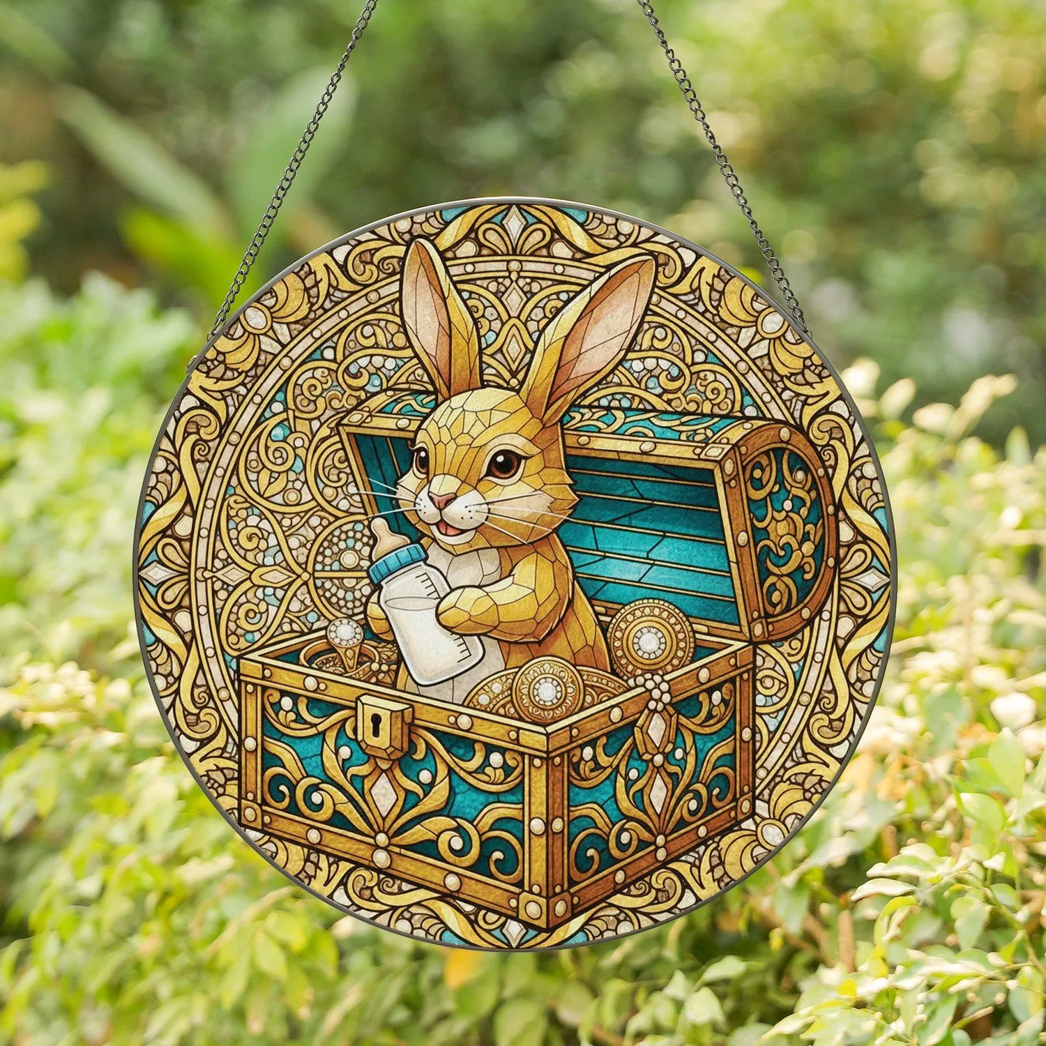 Ornate Golden Treasure Chest Bunny Baby Bottle - Home Decor Gift for Bunny Lover Stained Glass Suncatcher - 1