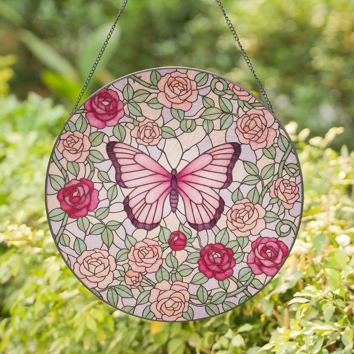 Delicate Pink Butterfly Blooming Roses Lush Greenery - Home Decor Gift Stained Glass Suncatcher - 1