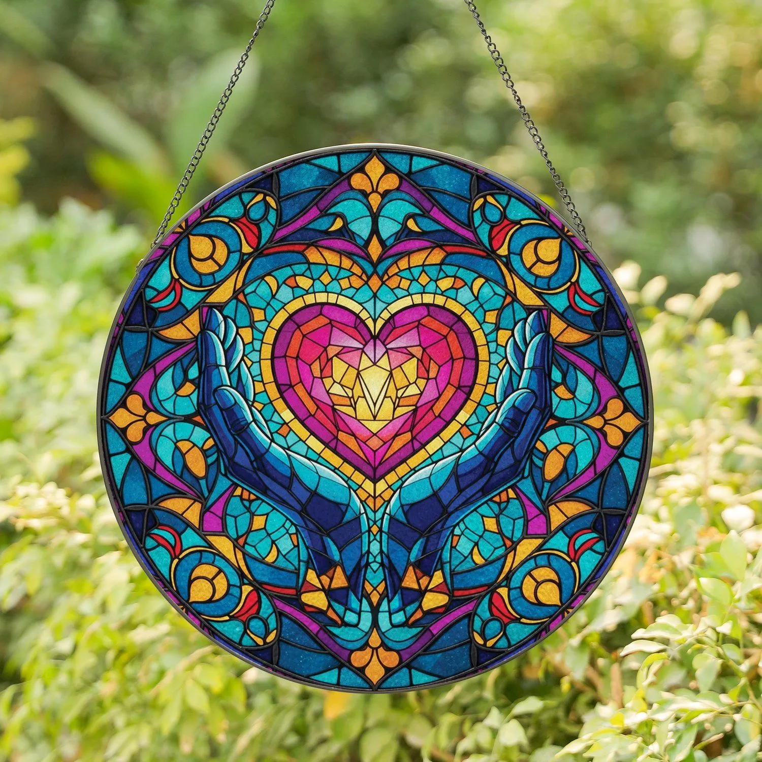 Refined Tiffany Stained Glass Mosaic Hands Cupping Glowing Heart - Home Decor Gift Stained Glass Suncatcher - 1