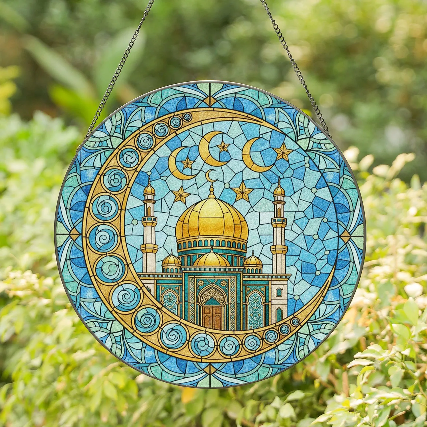 Teal Gold Islamic Grand Mosque Minarets Golden Crescent Moon Stars - Home Decor Gift Stained Glass Suncatcher - 1