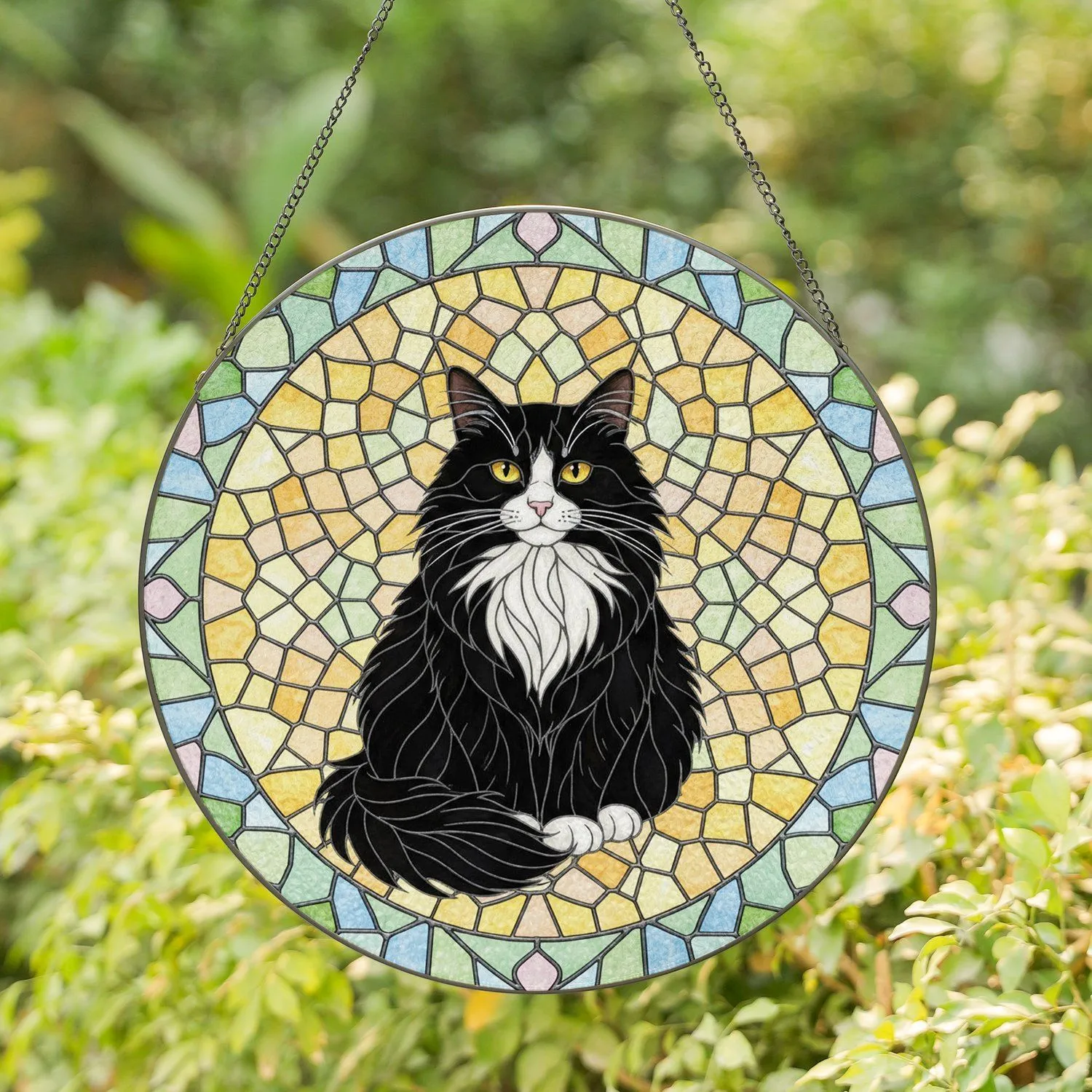 Fluffy Tuxedo Cat Golden Eyes Warm Yellow Green Blue - Home Decor Gift for Cat Lovers Stained Glass Suncatcher - 1