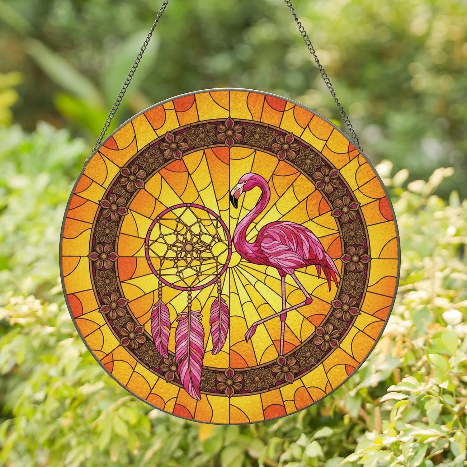 Pink Flamingo Dreamcatcher Stained Glass Sunburst - Home Decor Gift for Flamingo Lover Stained Glass Suncatcher - 1