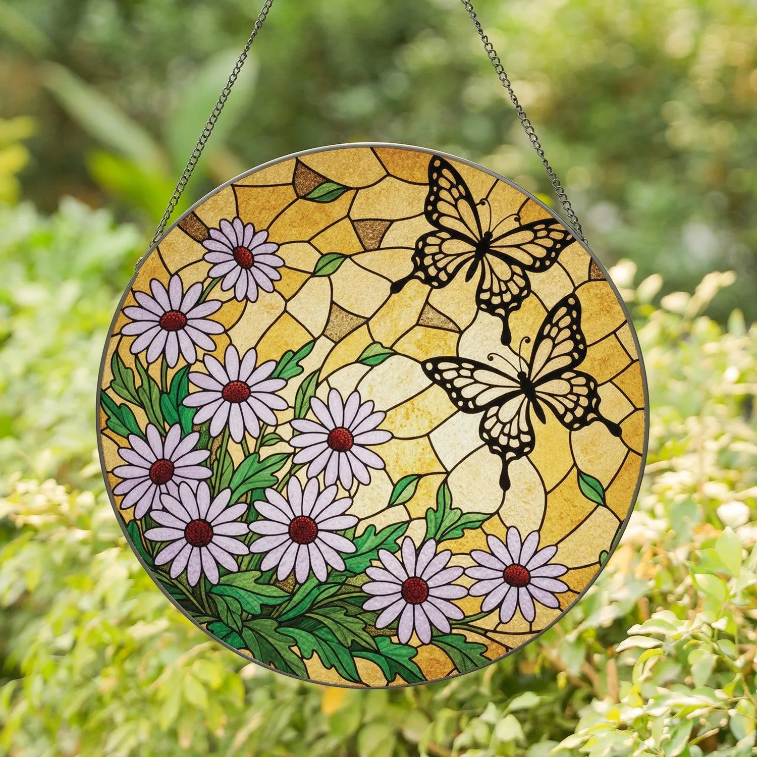Black Silhouette Butterflies Daisy Flowers - Nature Lover Home Decor Gift Stained Glass Suncatcher - 1