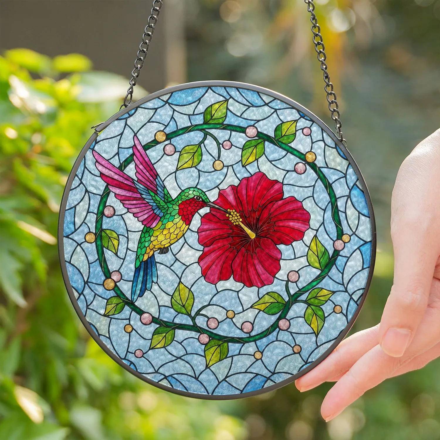 Red Hibiscus Yellow Stamen Emerald Hummingbird Vine - Home Decor Gift for Bird Lover Stained Glass Suncatcher - 1