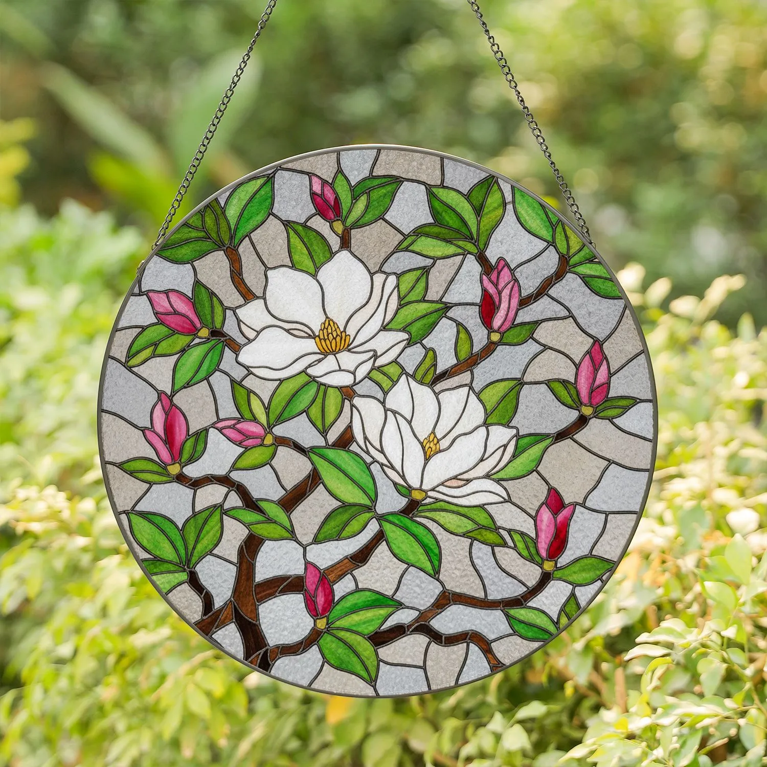 Blooming Magnolia Pink Bud Green Leaf Branch - Home Decor Gift for Housewarming Stained Glass Suncatcher - 1
