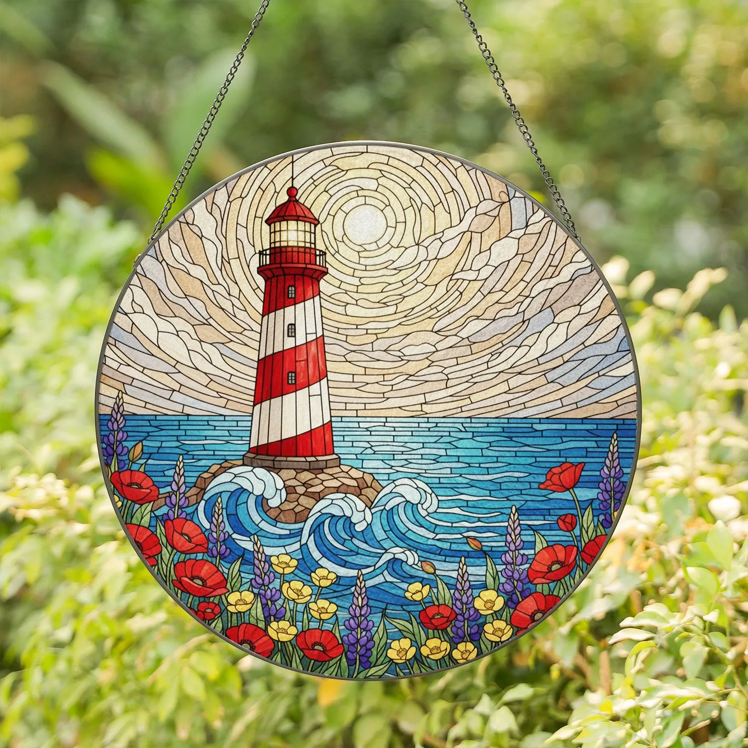 Red White Striped Lighthouse Ocean Waves Poppy Flowers - Home Decor Gift Lighthouse Lover Stained Glass Suncatcher - 1