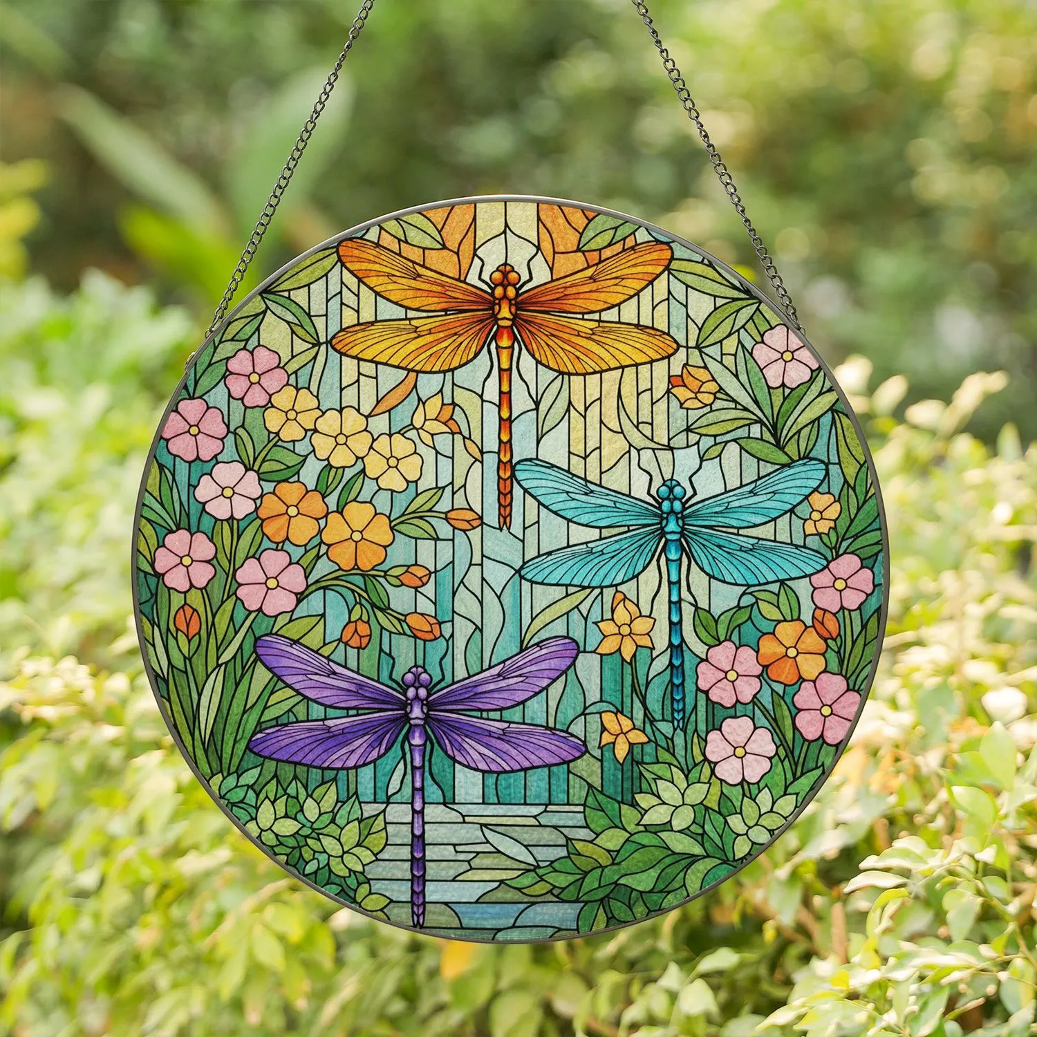 Three Dragonflies with Orange Teal Purple Wings, Blooming Garden Flowers - Home Decor Gift Stained Glass Suncatcher - 1