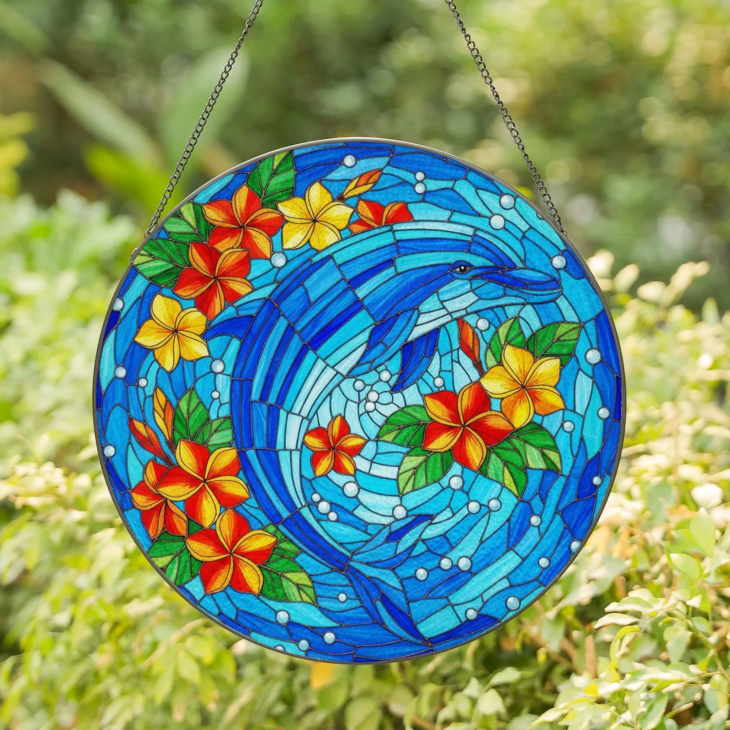 Leaping Dolphin Tropical Plumeria Floral - Wildlife Lover Home Decor Gift Stained Glass Suncatcher - 1