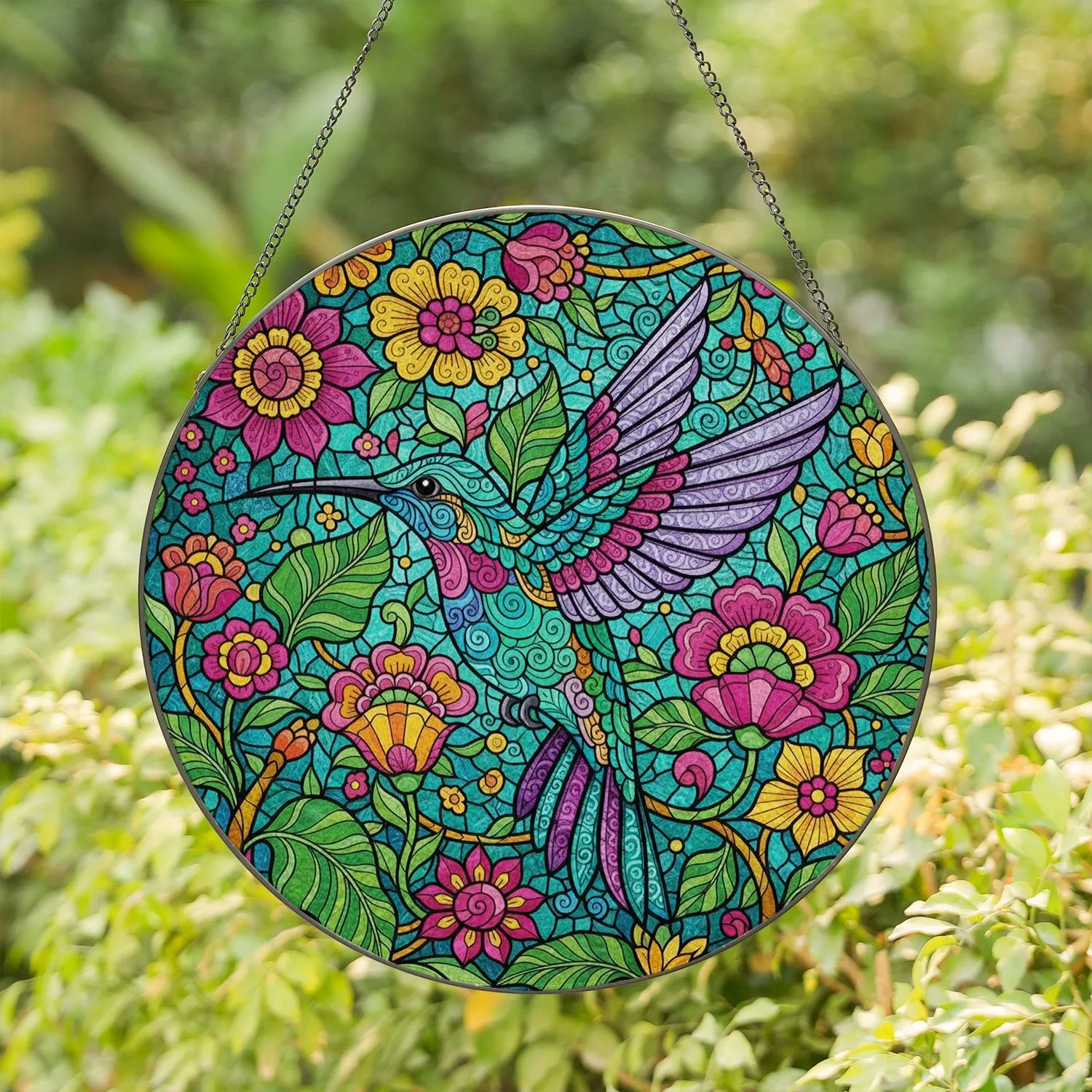 Hummingbird Floral Tapestry Mosaic - Garden Home Decor Gift for Bird Lovers Stained Glass Suncatcher - 1